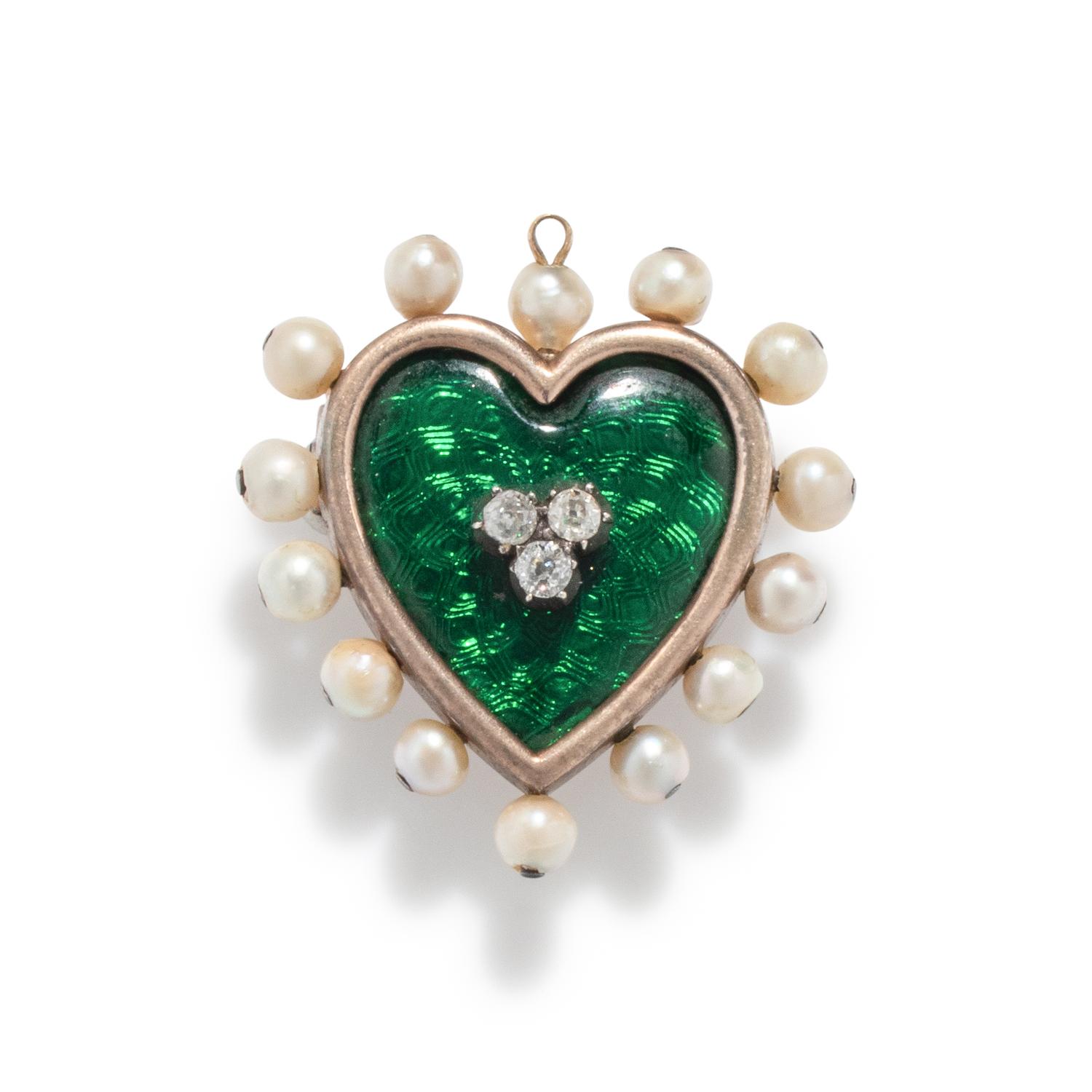 VICTORIAN, DIAMOND, PEARL AND ENAMEL HEART PENDANT/BROOCH