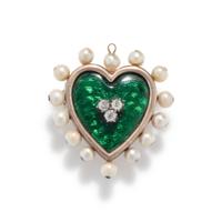VICTORIAN, DIAMOND, PEARL AND ENAMEL HEART PENDANT/BROOCH