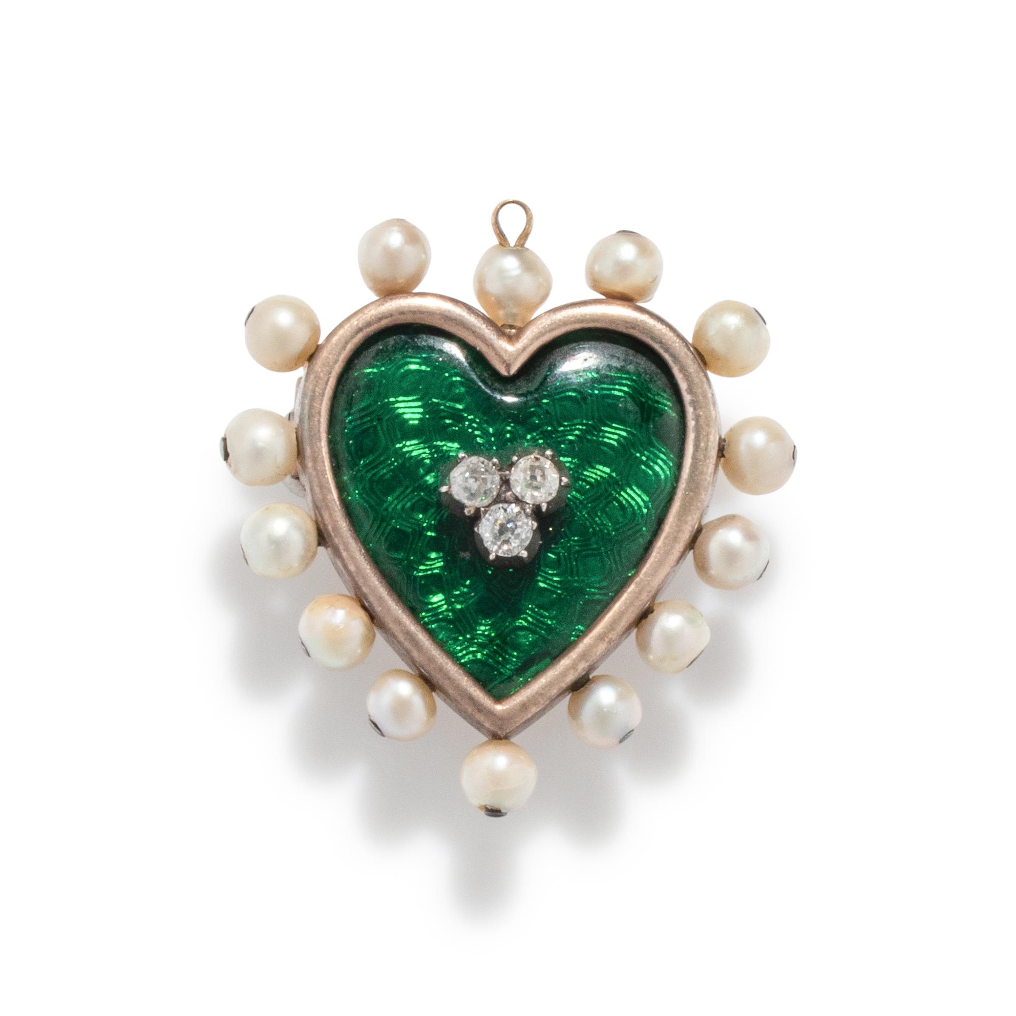 VICTORIAN, DIAMOND, PEARL AND ENAMEL HEART PENDANT/BROOCH