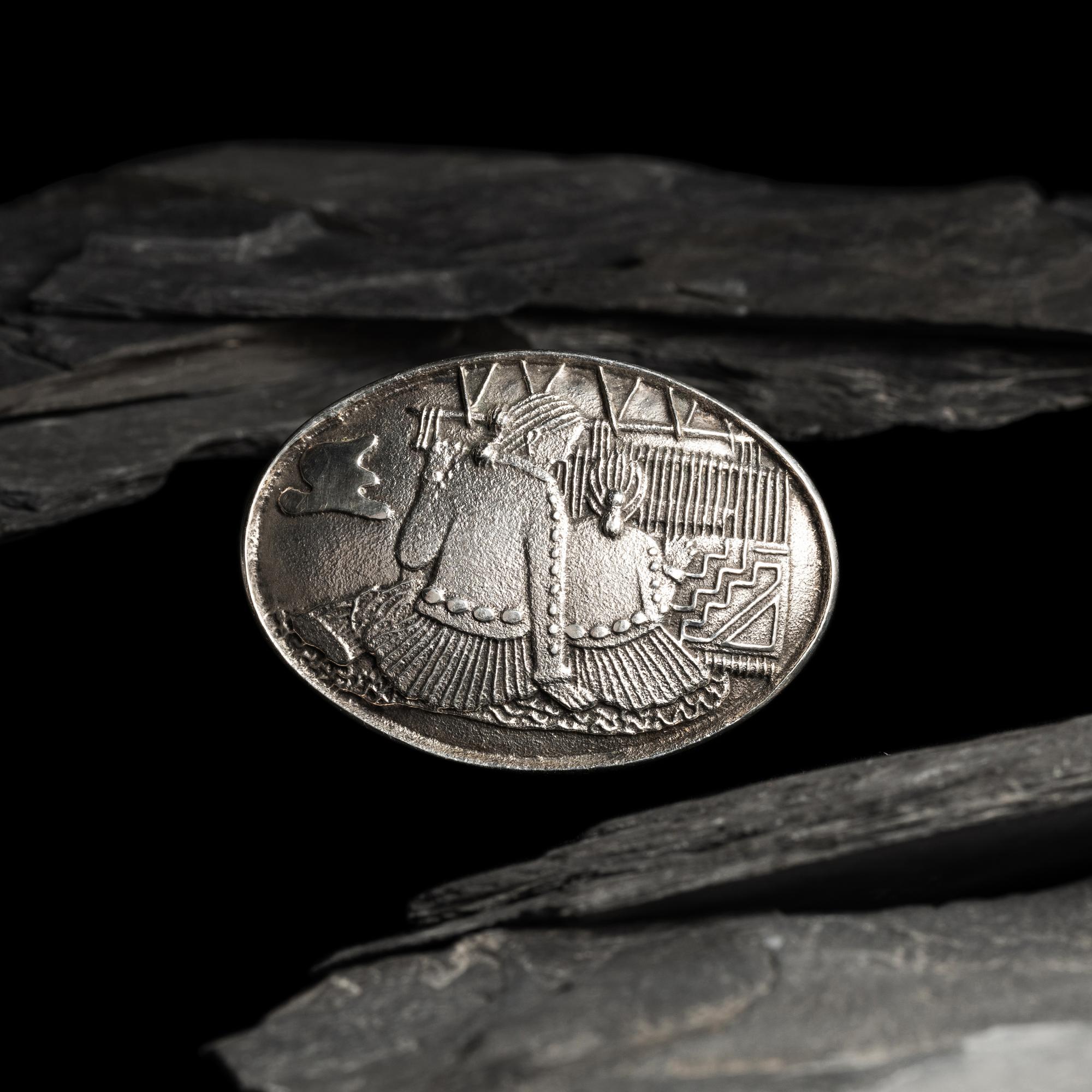 Philander Begay (Diné, b. 1982) — Sterling Silver Tufa Cast Belt Buckle, with Weaving Scene