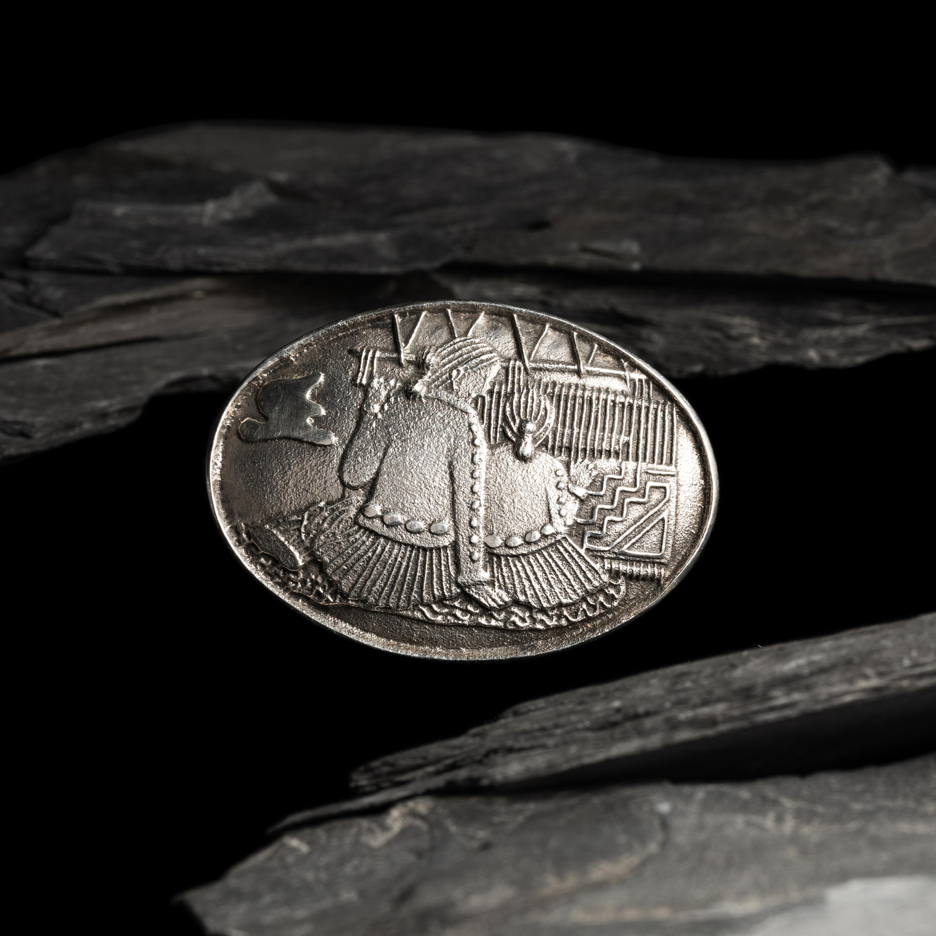 Philander Begay (Diné, b. 1982) — Sterling Silver Tufa Cast Belt Buckle, with Weaving Scene