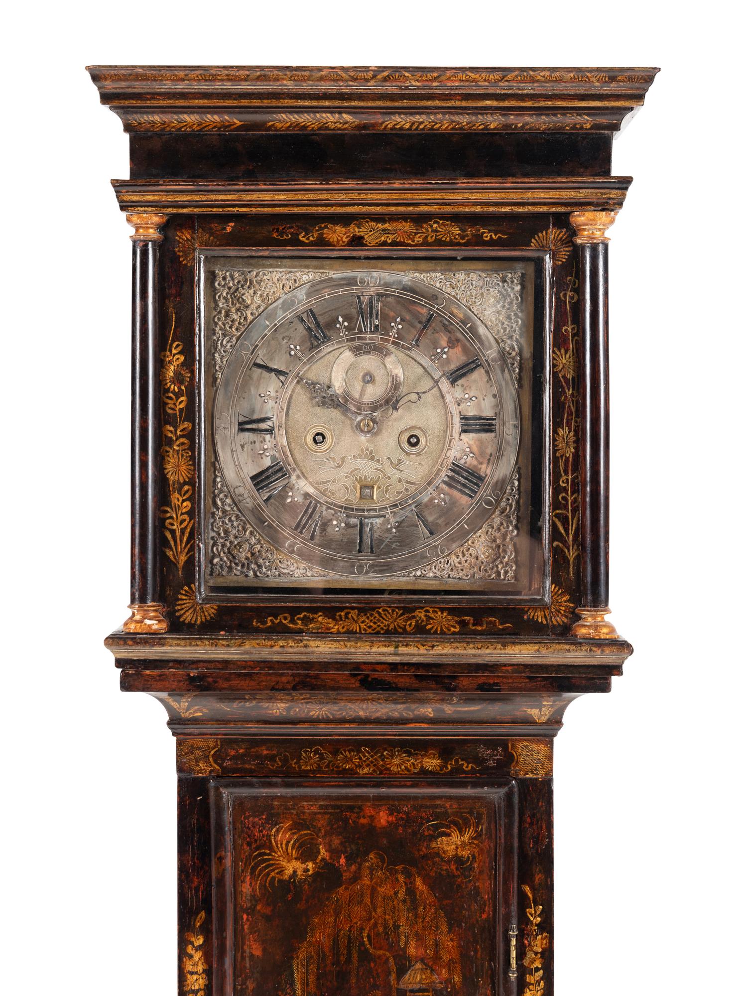 An English Black Japanned Tall Case Clock