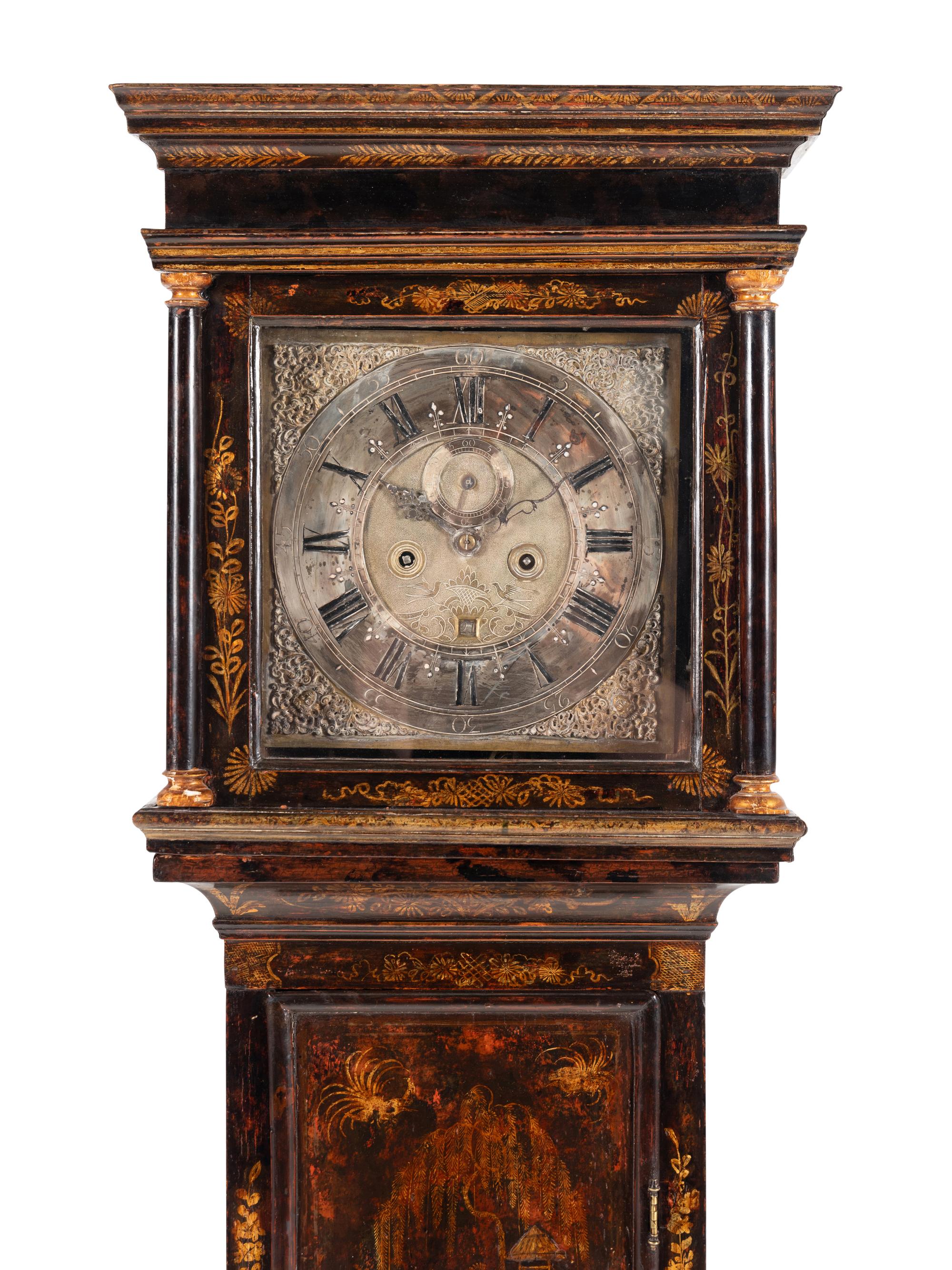 An English Black Japanned Tall Case Clock
