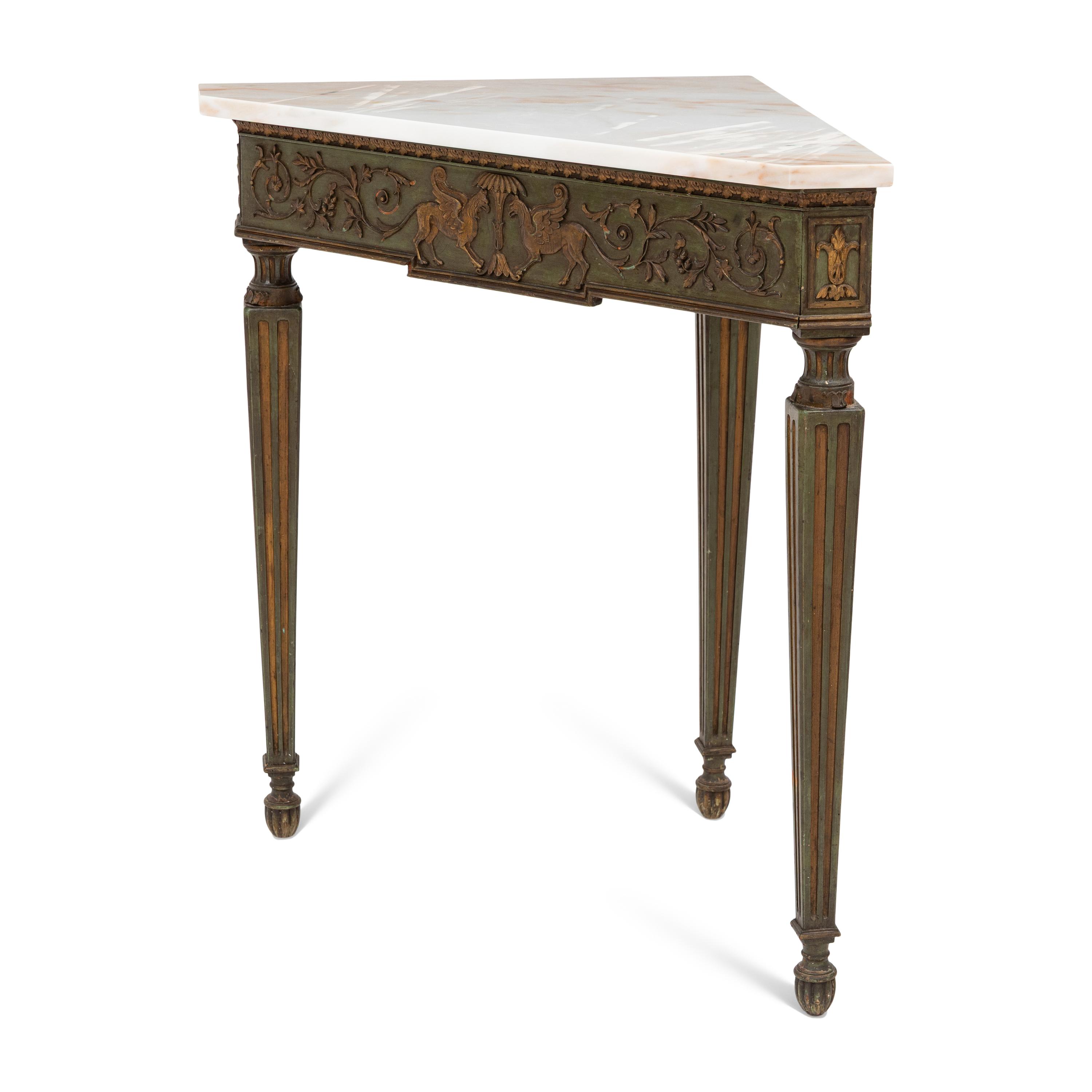 A Neoclassical Painted and Parcel-Gilt Corner Table with Marble Top