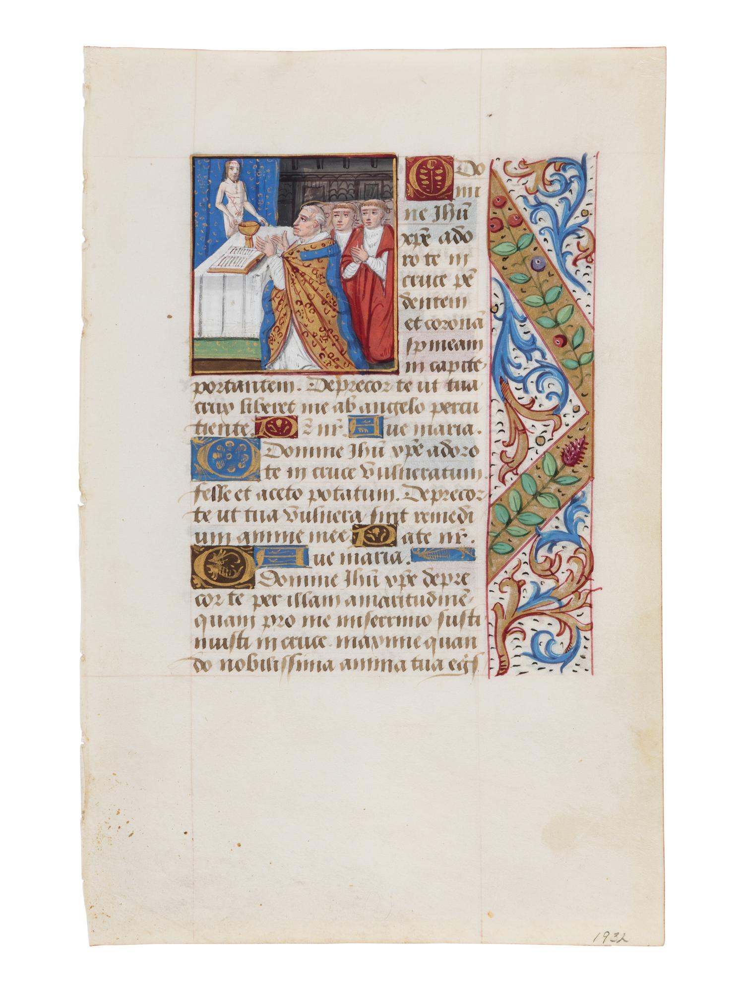 MASTER OF THE ENTRY OF FRANCIS I (active Lyon, c. 1485-1515) A leaf from a Book of Hours, with a miniature of the Mass of Saint Gregory, in Latin, illuminated manuscript on parchment [France, Lyon, c. 1500–1510]