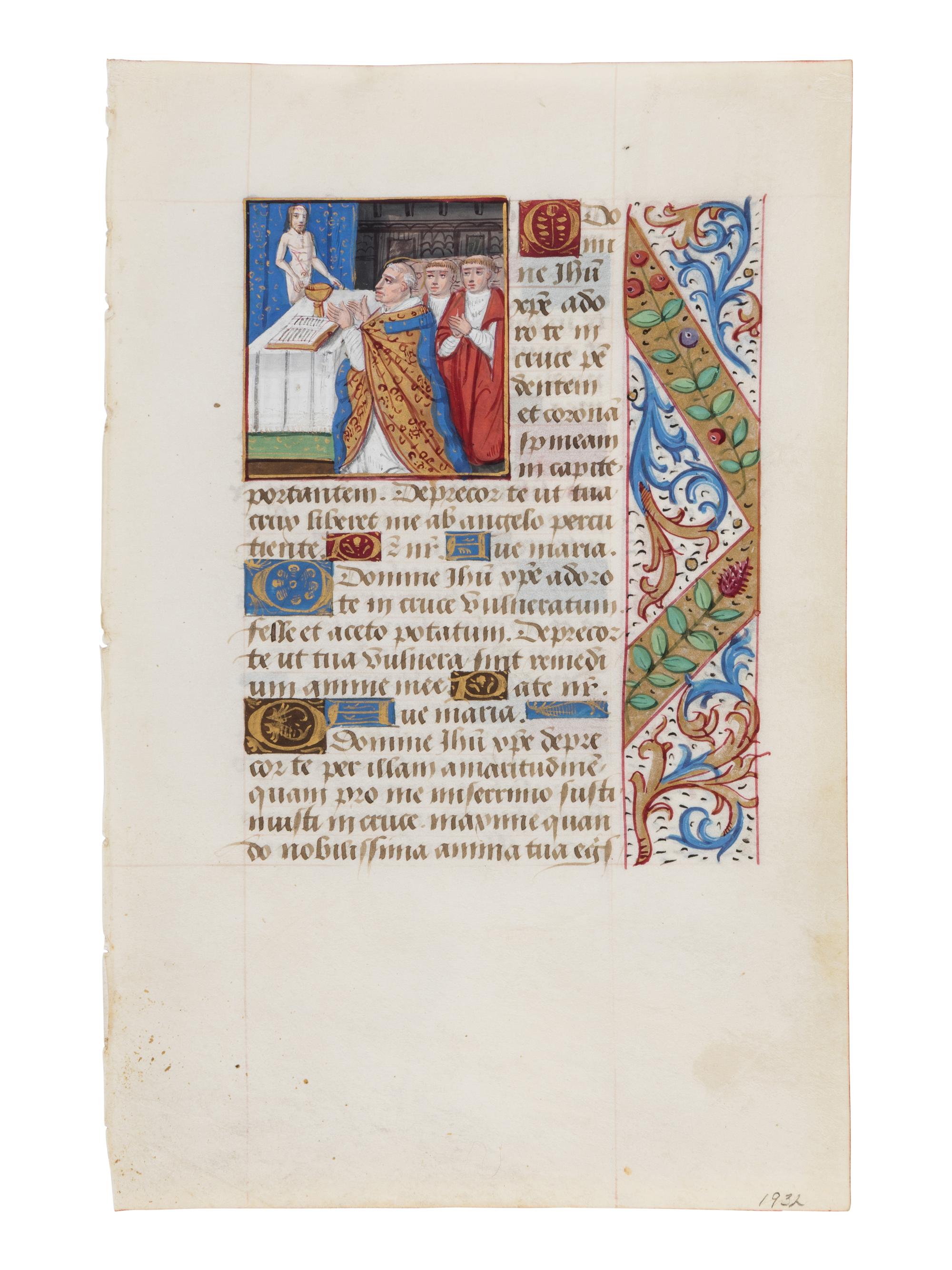 MASTER OF THE ENTRY OF FRANCIS I (active Lyon, c. 1485-1515) A leaf from a Book of Hours, with a miniature of the Mass of Saint Gregory, in Latin, illuminated manuscript on parchment [France, Lyon, c. 1500–1510]