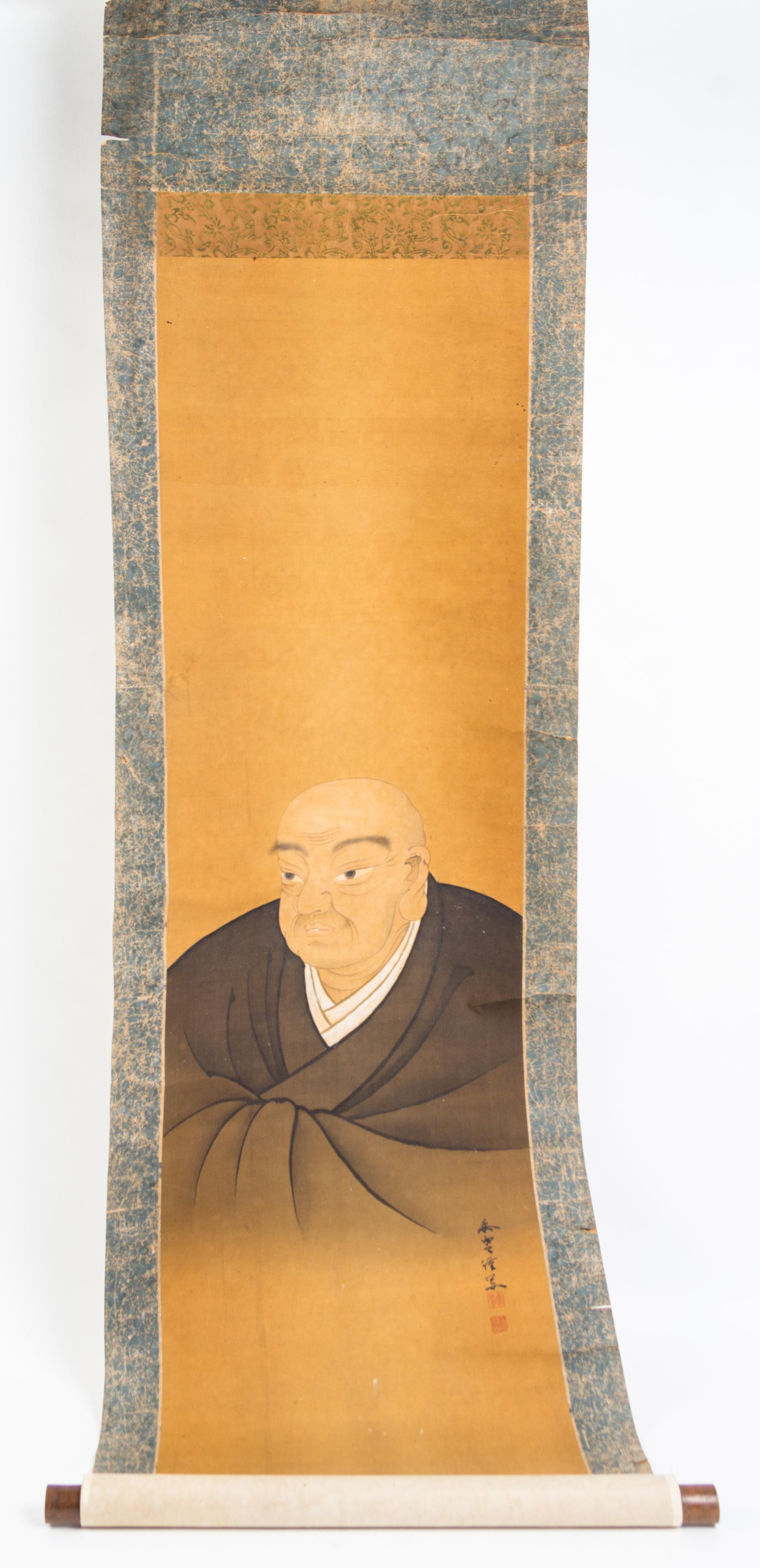 Two Japanese Ink and Color Scroll Paintings Height of first 44 1/2 x width 13 3/4 inches.