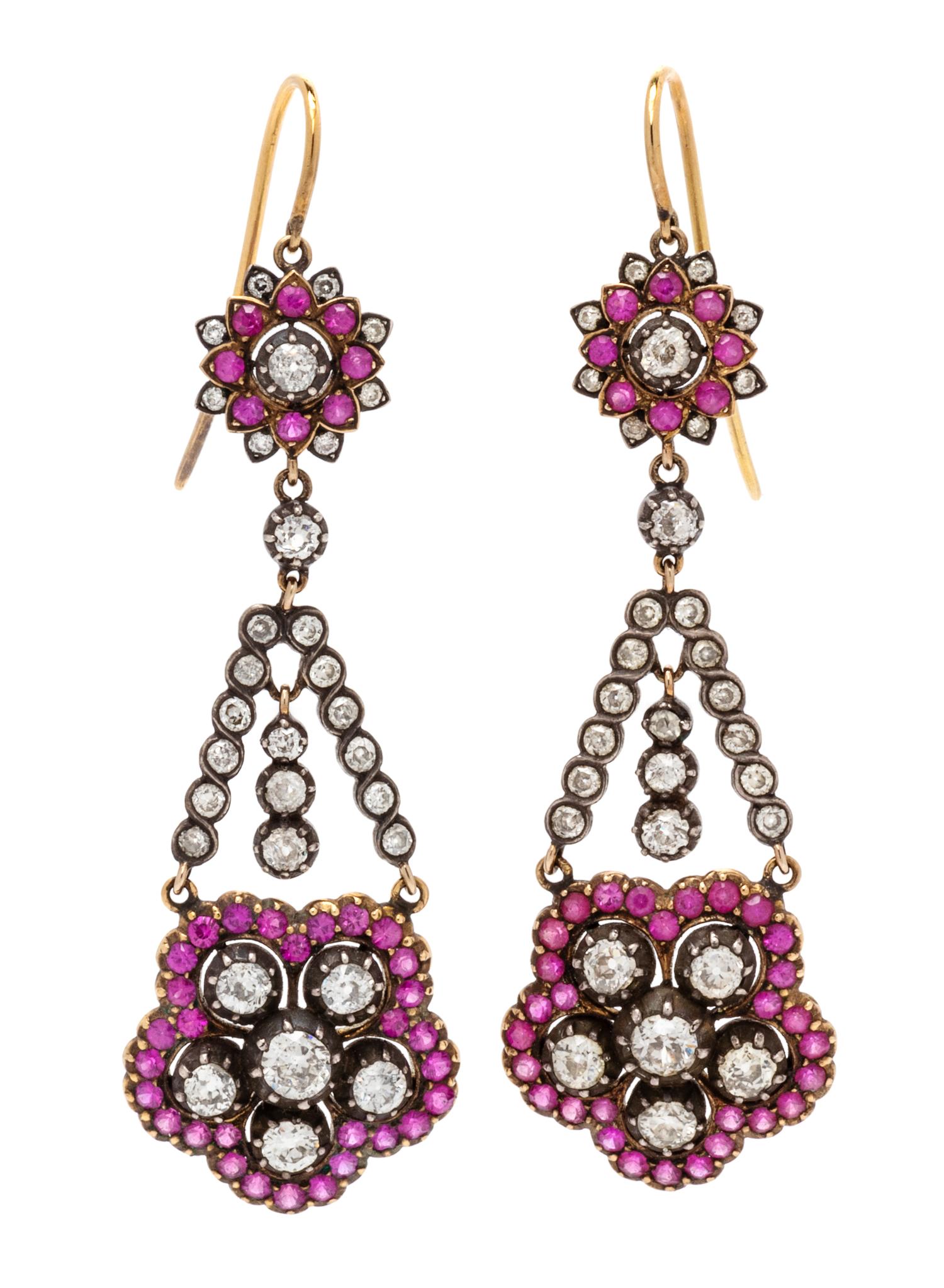 A Pair of Silver, Yellow Gold, Diamond and Pink Sapphire Earrings, 10.00 dwts.