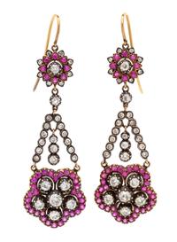 A Pair of Silver, Yellow Gold, Diamond and Pink Sapphire Earrings, 10.00 dwts.