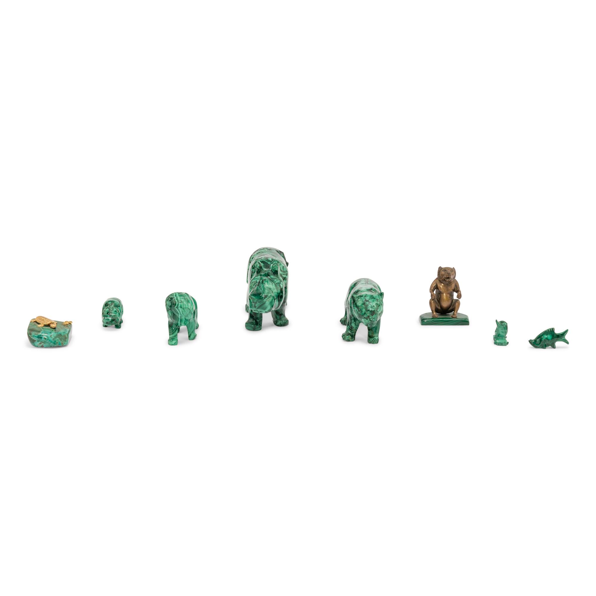 A Group of Eight Malachite and Malachite-Mounted Animal Figures