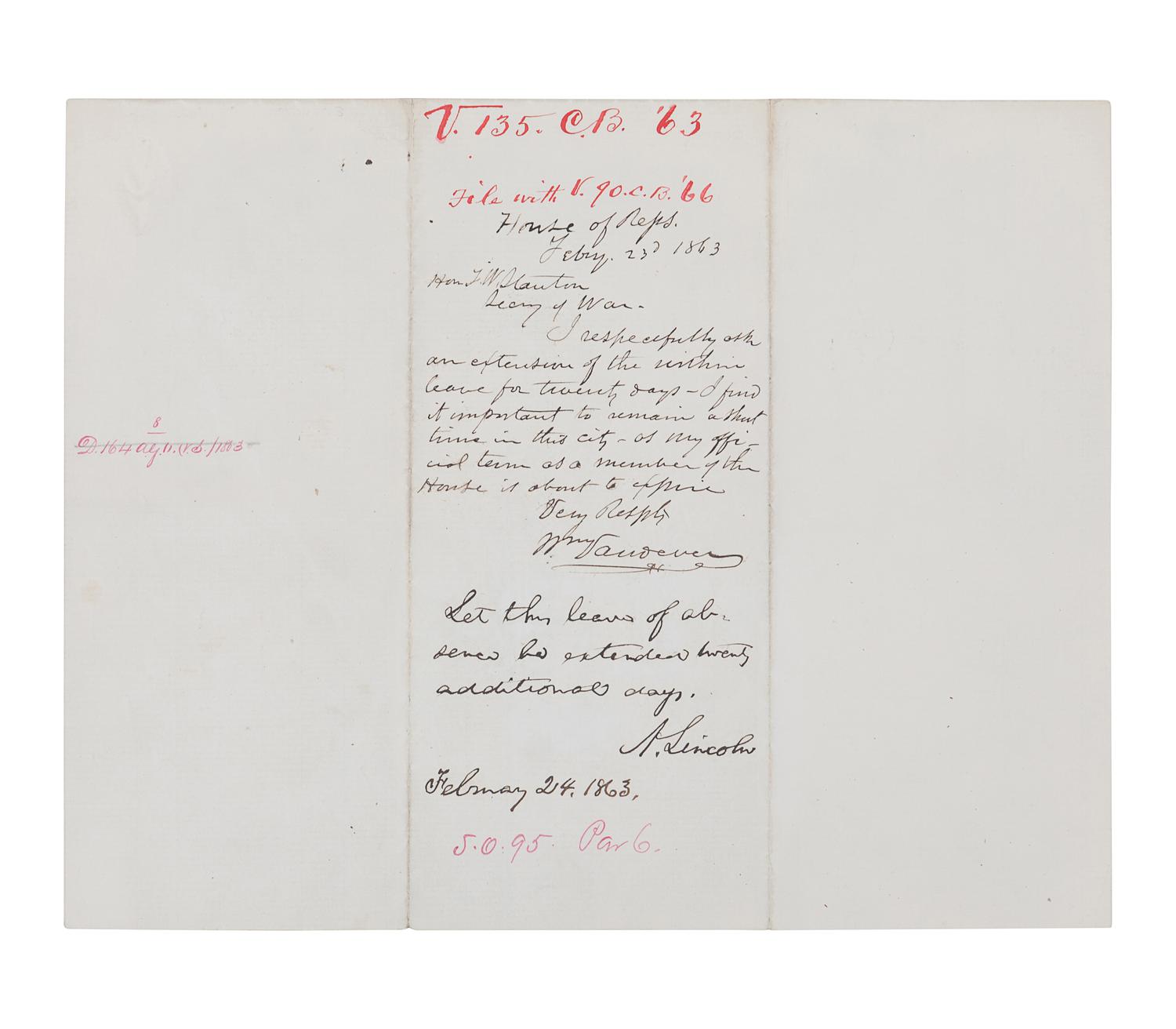 LINCOLN, Abraham (1809-1865). Autograph endorsement signed as President (“A. Lincoln”), 24 February 1863.