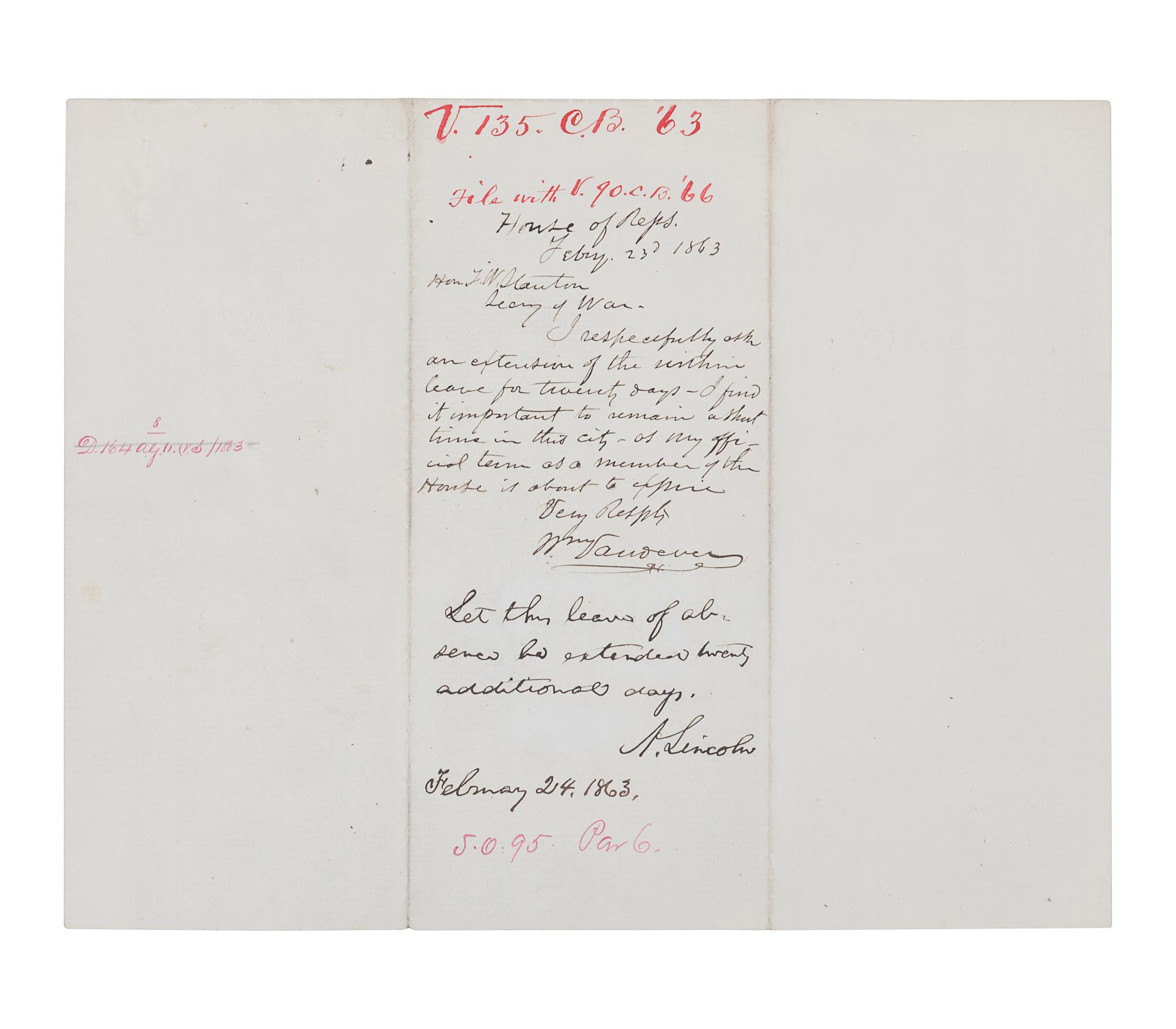 LINCOLN, Abraham (1809-1865). Autograph endorsement signed as President (“A. Lincoln”), 24 February 1863.