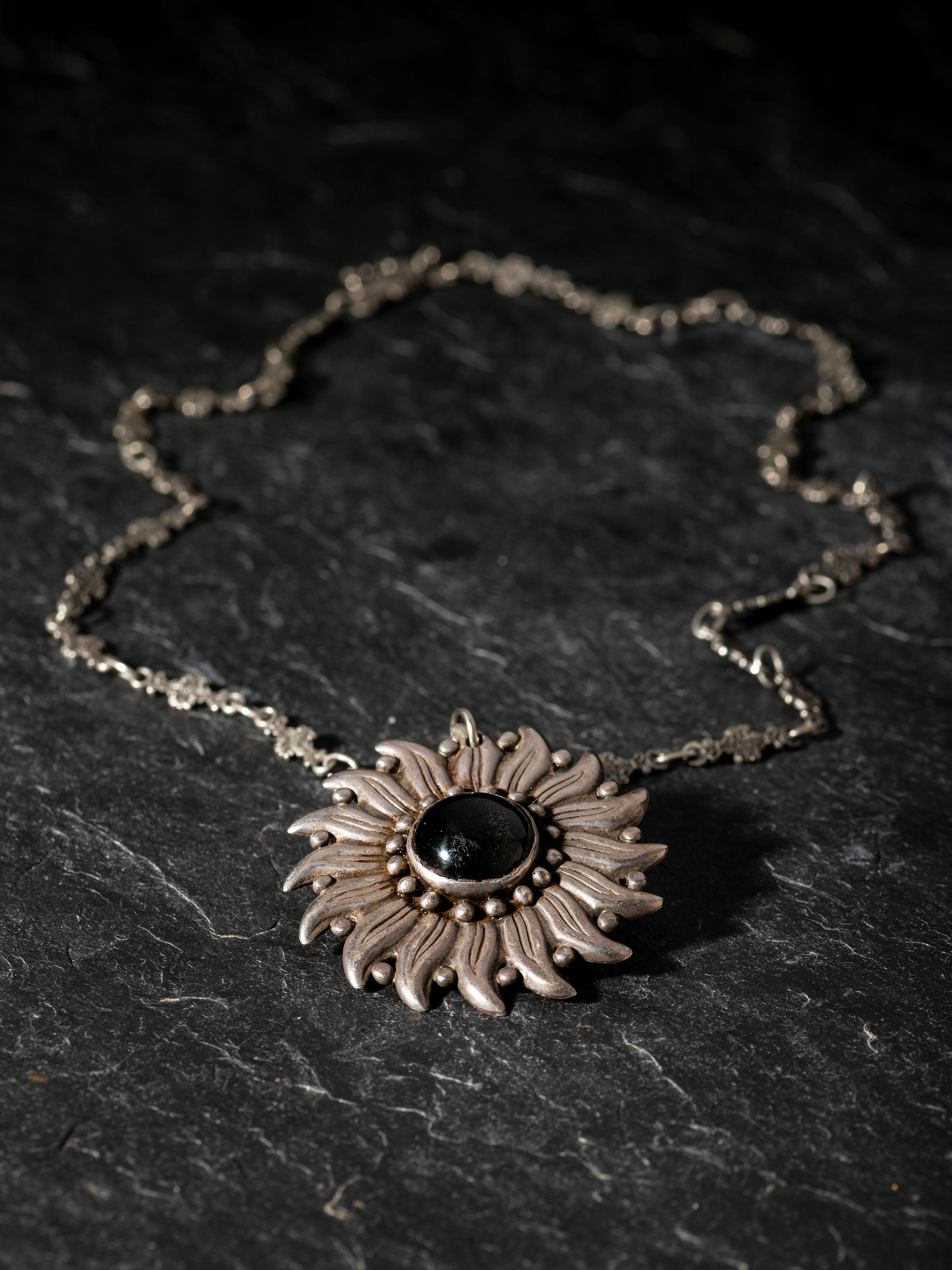 Taxco Silver and Onyx Sunburst Necklace