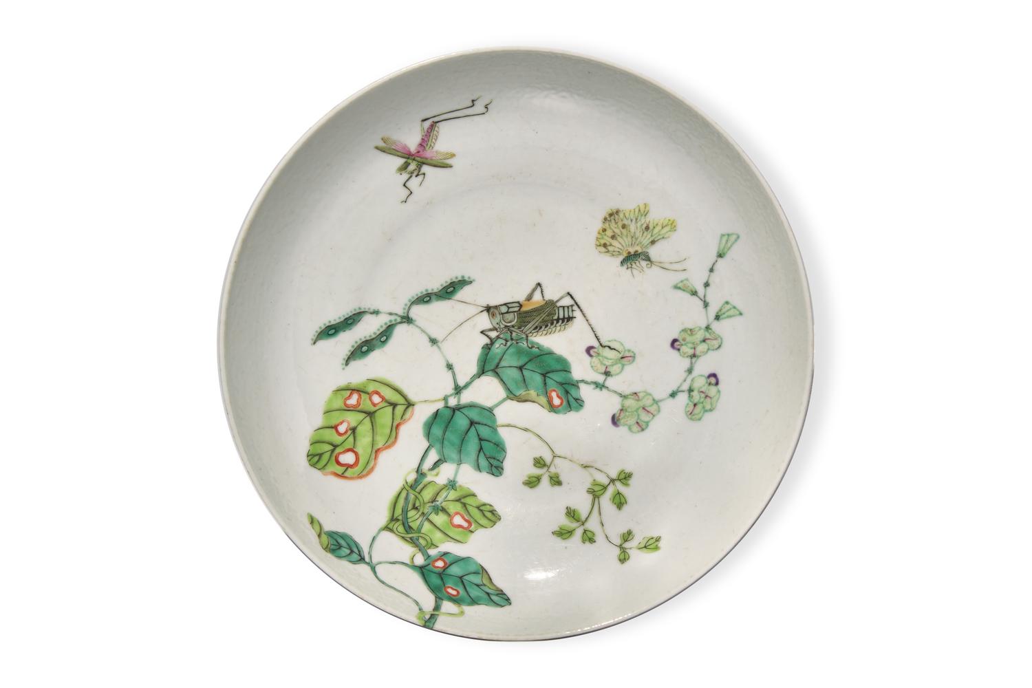 A Chinese Famille Rose Decorated "Cricket and Butterflies" Dish, Qing Dynasty