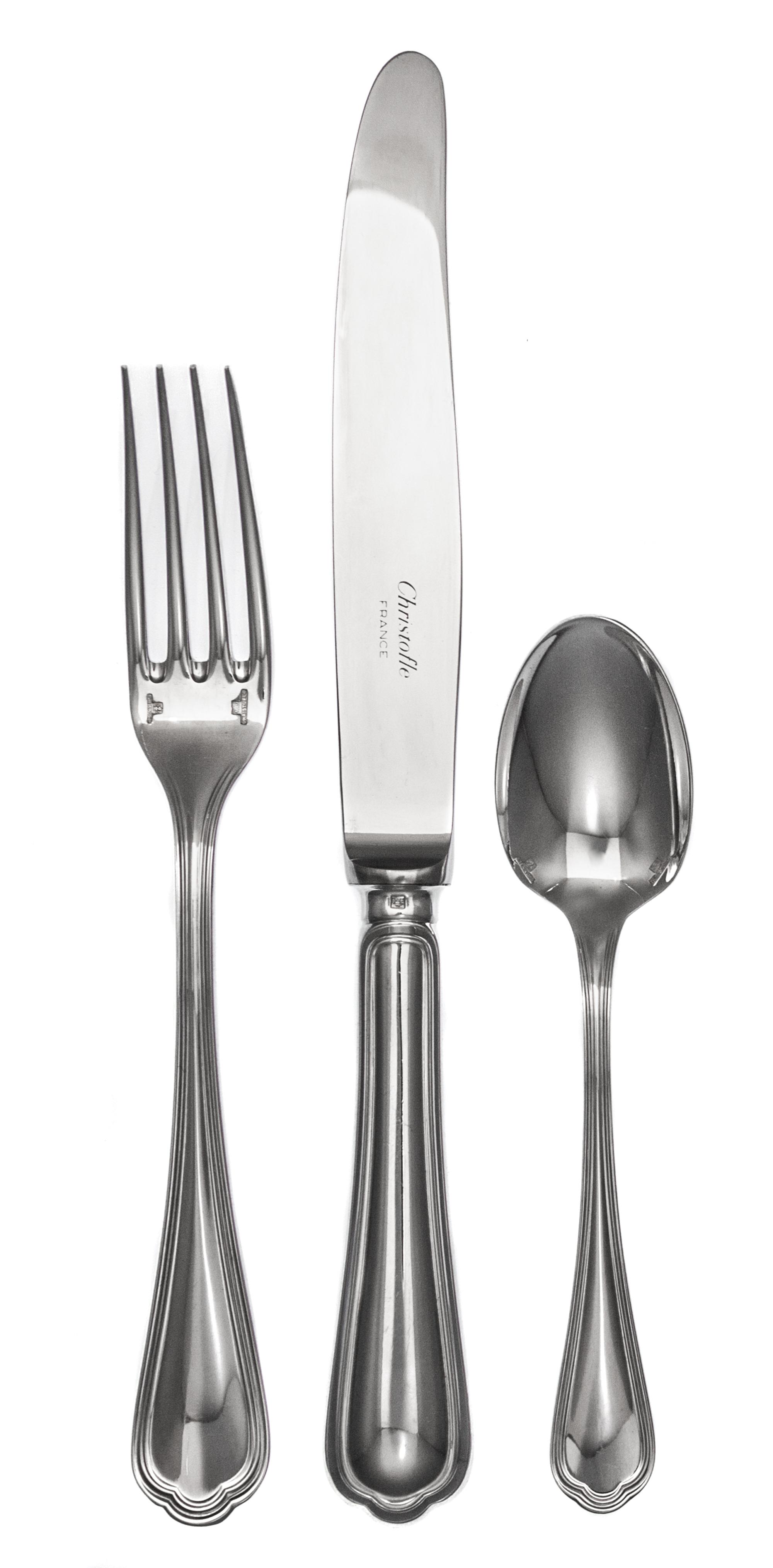 A French Silver-Plate Flatware Service, Christofle, Paris, 20th Century, Spatours pattern, comprising: 14 dinner knives 14 luncheon kni