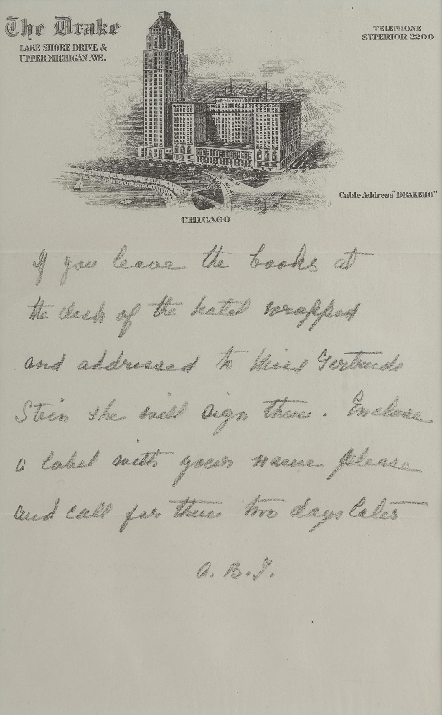 TOKLAS, Alice B. (1877-1967). Autograph note signed (“A.B.T.”). Chicago, n.d, late 1934-early 1935. 1 page, 8vo, visible area 230 x 144 mm, on Drake Hotel stationary, light creasing, matted and framed with a photographic portrait of Alice B. Toklas and Gertrude Stein after an image by Carl Van Vechten, unexamined out of frame.