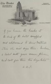 TOKLAS, Alice B. (1877-1967). Autograph note signed (“A.B.T.”). Chicago, n.d, late 1934-early 1935. 1 page, 8vo, visible area 230 x 144 mm, on Drake Hotel stationary, light creasing, matted and framed with a photographic portrait of Alice B. Toklas and Gertrude Stein after an image by Carl Van Vechten, unexamined out of frame.