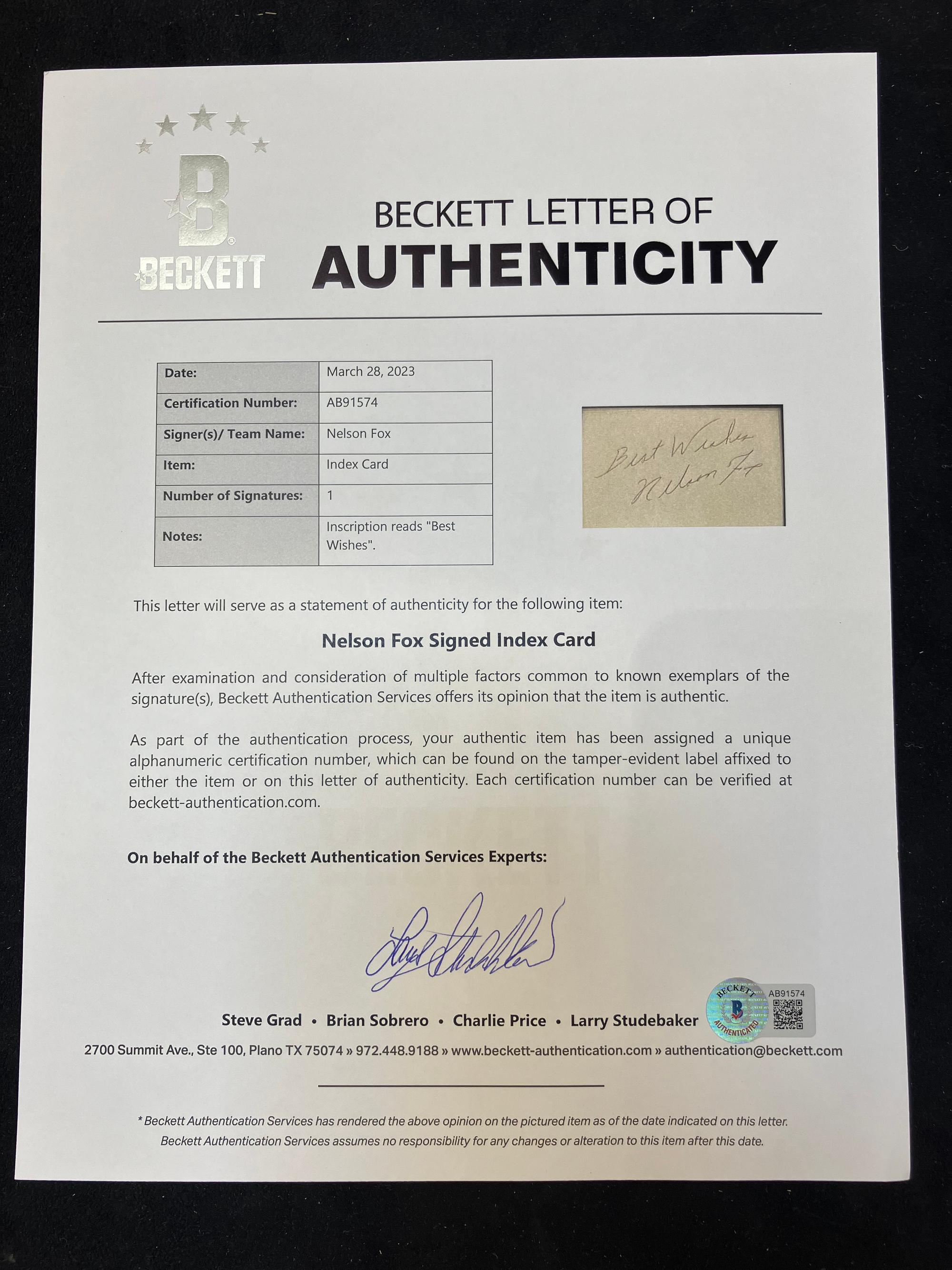 A Nellie Fox Signed Autograph Index Card Display (Beckett Authentication Services Letter),