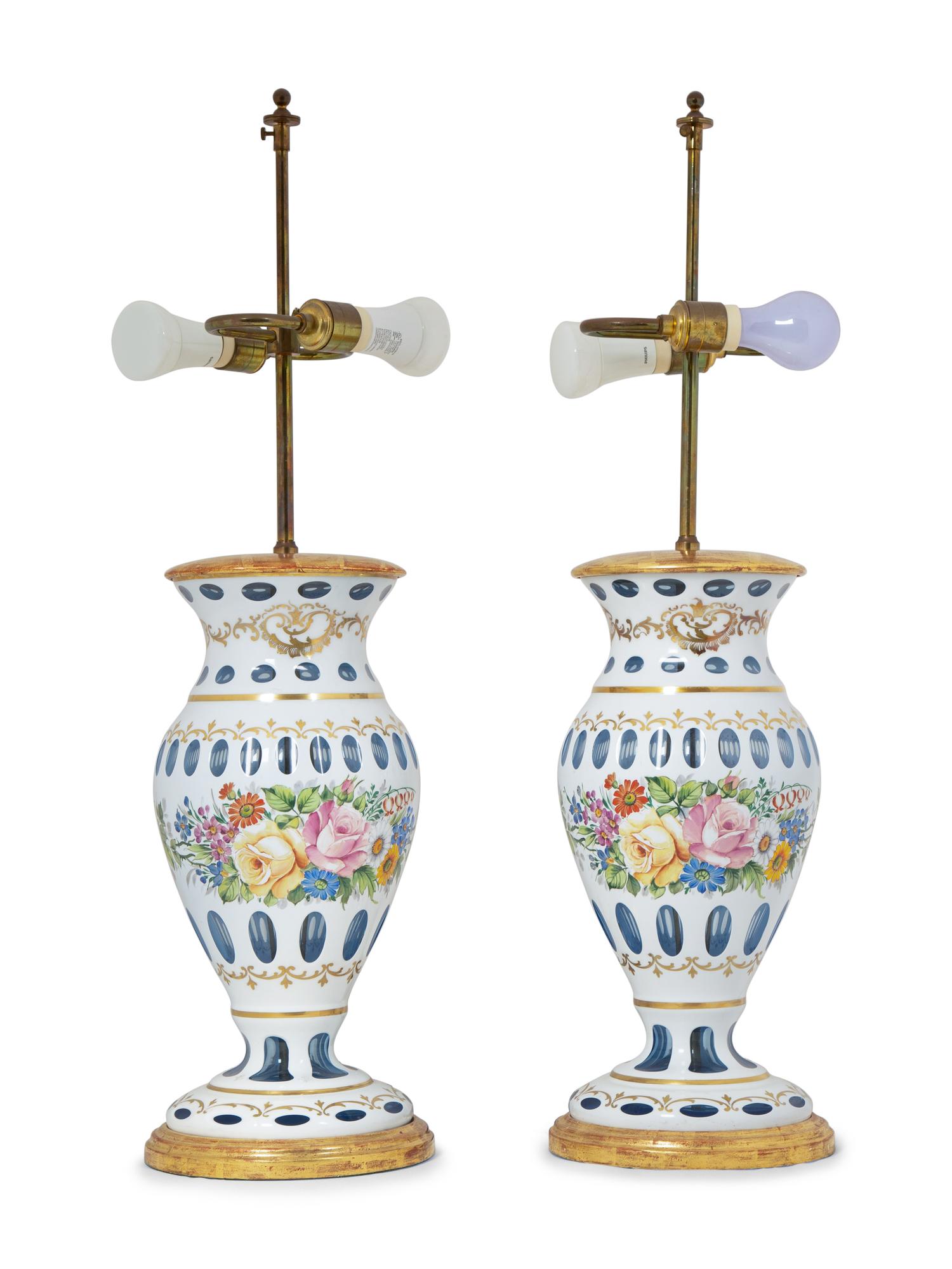 A Pair of Bohemian Enameled White Overlay Glass Baluster Vases