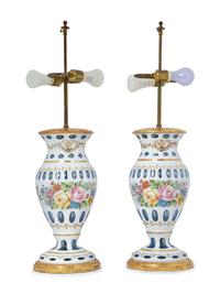 A Pair of Bohemian Enameled White Overlay Glass Baluster Vases