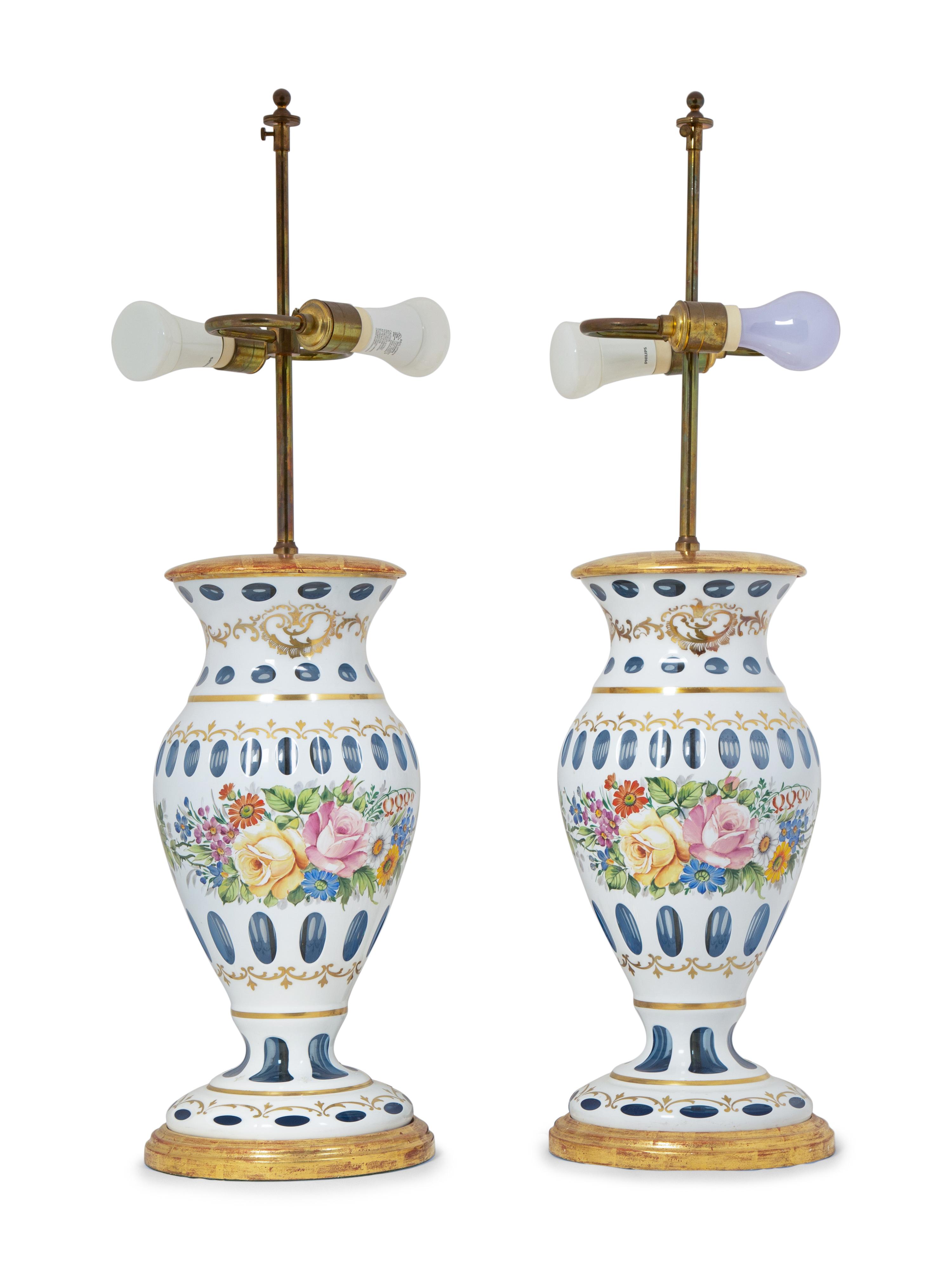 A Pair of Bohemian Enameled White Overlay Glass Baluster Vases