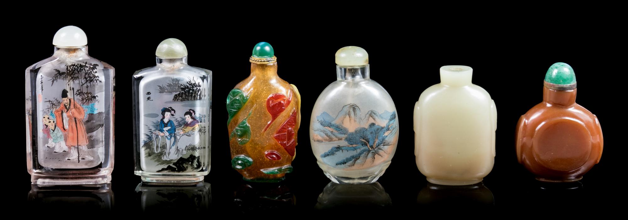 Six Chinese Glass Snuff Bottles Height of tallest 3 1/2 inches. — 20TH CENTURY