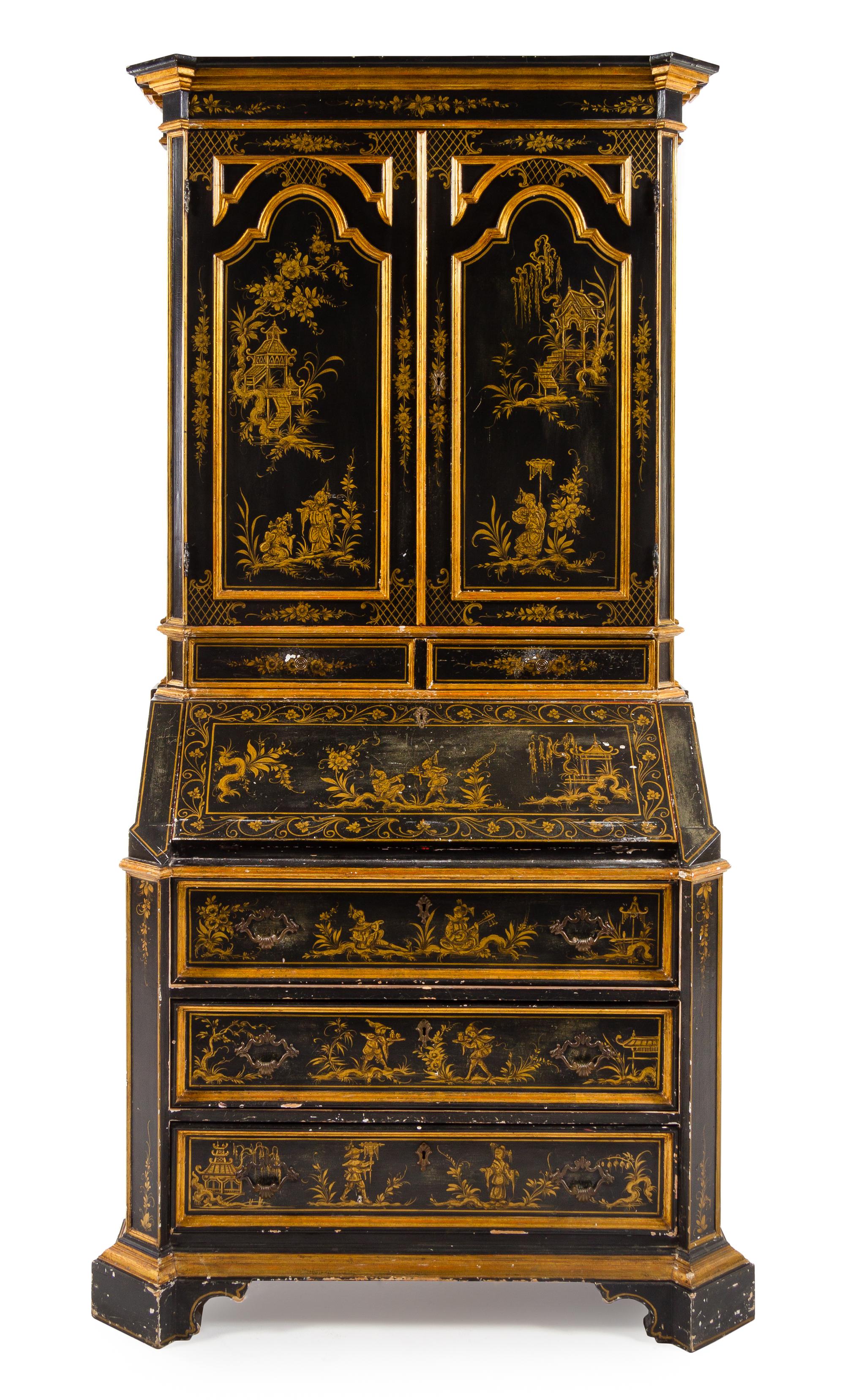A Chinoiserie Lacquered Secretary Bookcase Height 86 x width 46 x depth 24 inches. — 19TH/20TH CENTURY