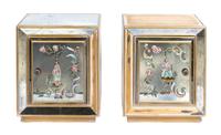A Pair of Paint Decorated Mirror-Veneered Side Cabinets Height 28 x width 24 x depth 17 inches.