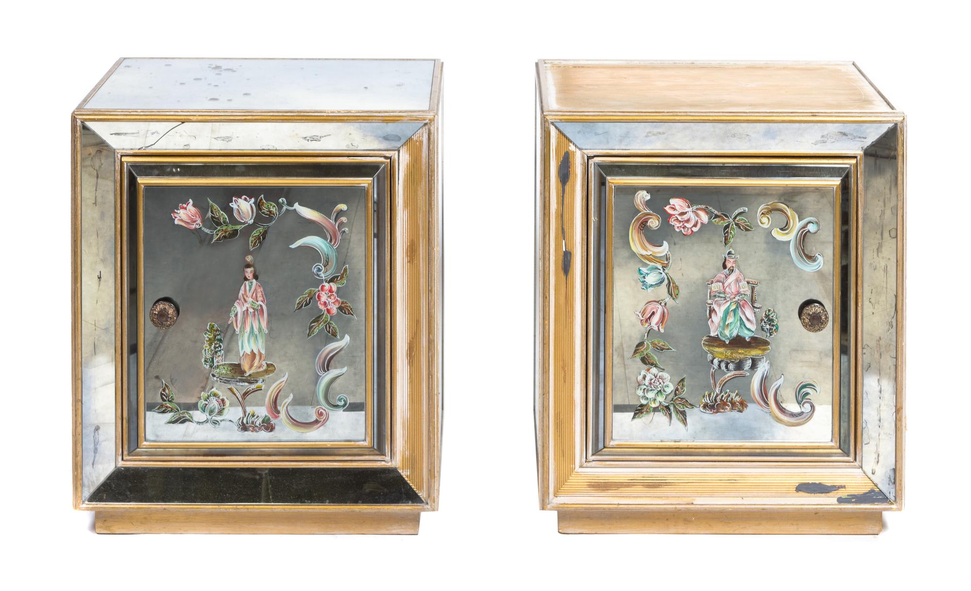 A Pair of Paint Decorated Mirror-Veneered Side Cabinets Height 28 x width 24 x depth 17 inches.