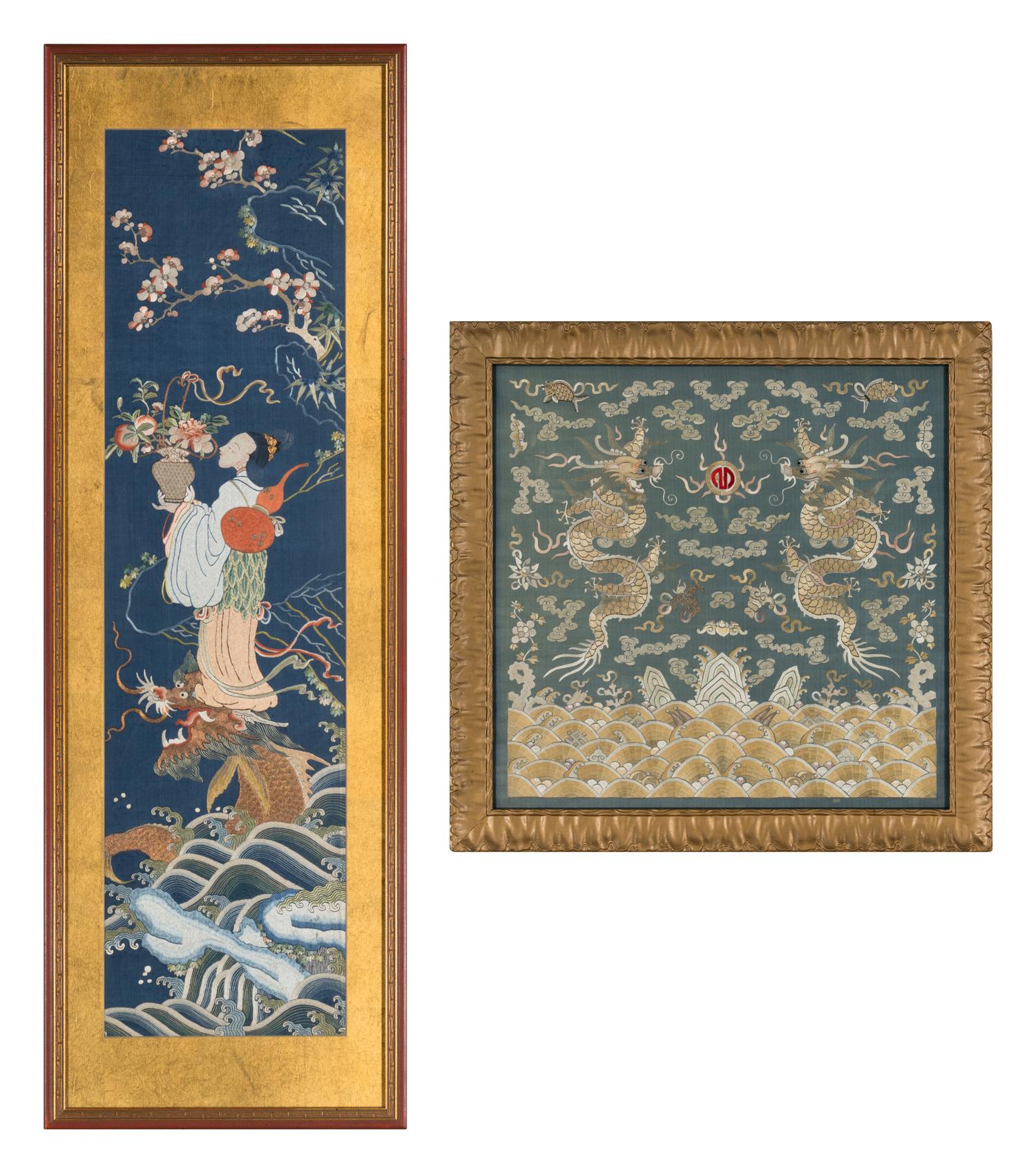 Two Chinese Embroidered Silk Panels, 19th Century 清晚期 藍地麻姑獻壽及雙龍戲珠綉片兩幅
