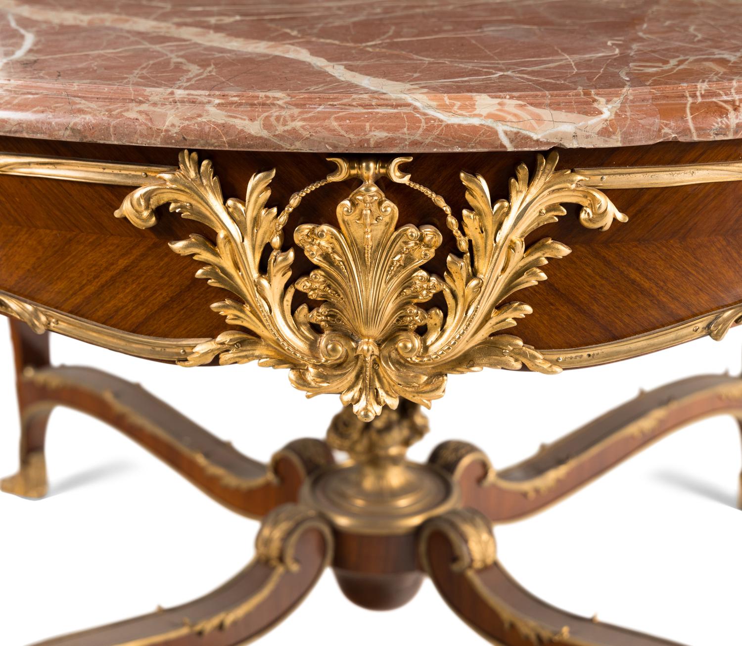 A Louis XV Style Gilt Bronze Mounted Parquetry Marble-Top Center Table