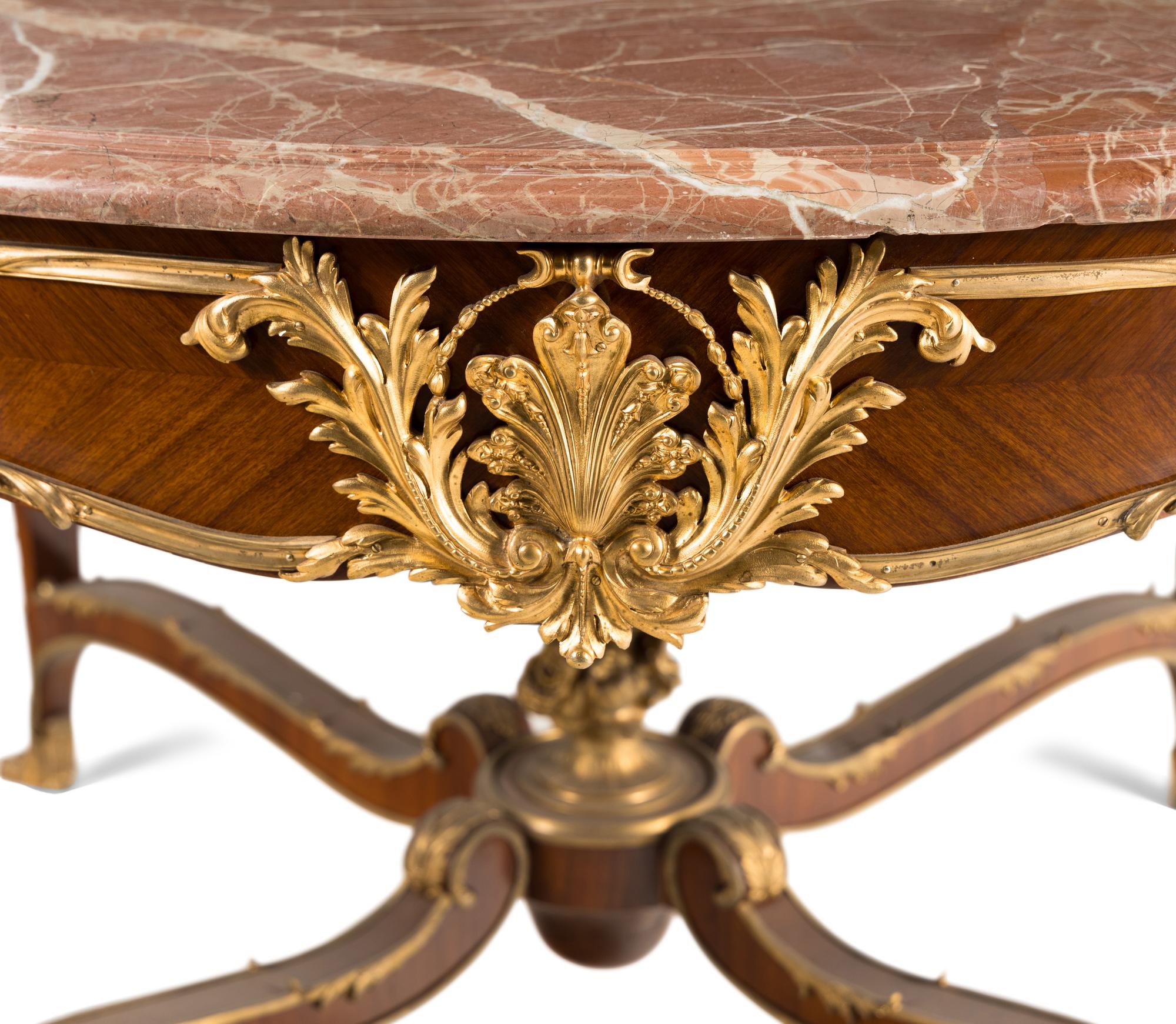 A Louis XV Style Gilt Bronze Mounted Parquetry Marble-Top Center Table