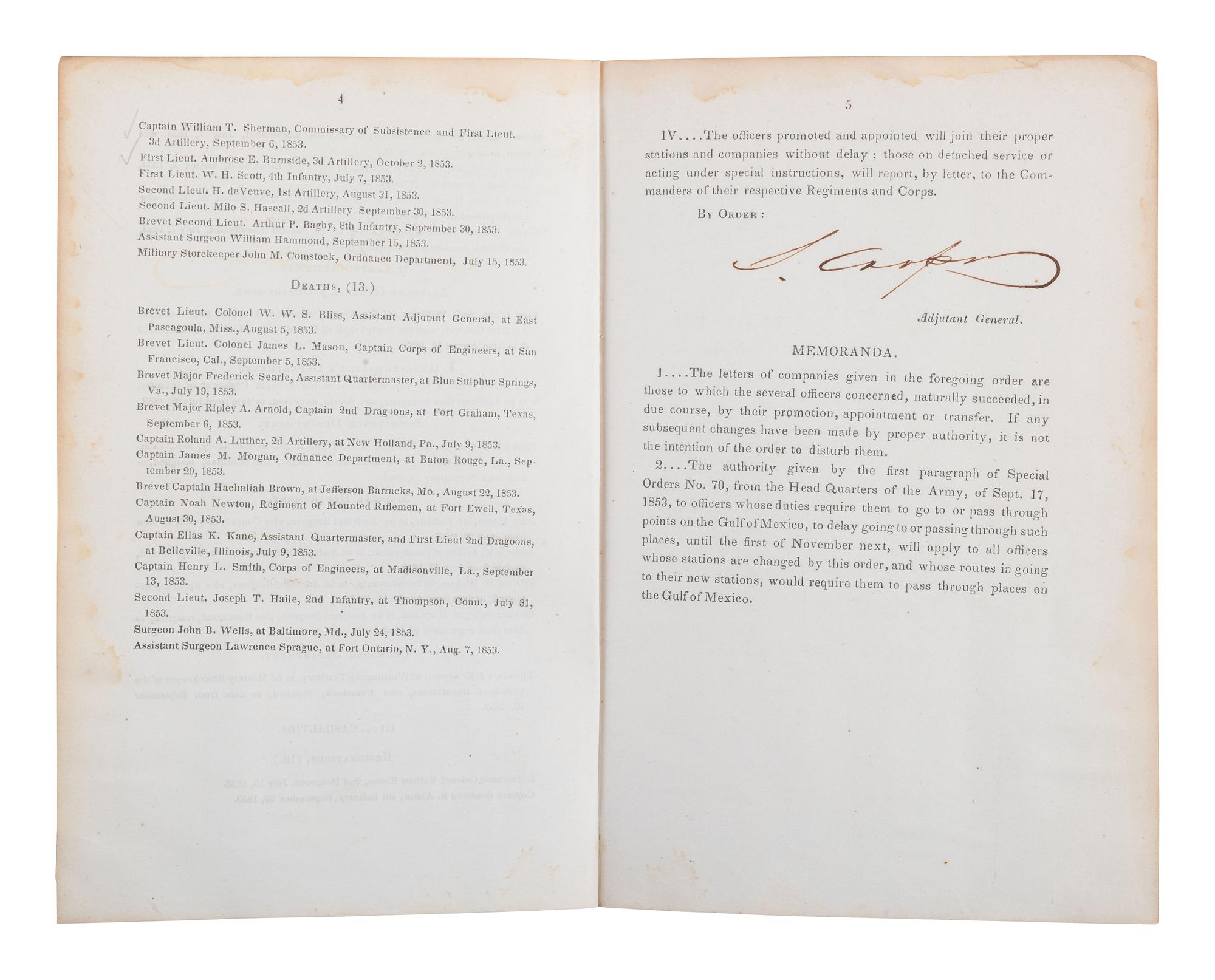 [CIVIL WAR]. War Dept. General Orders, No. 24, signed by future CSA General Samuel Cooper. 1853.