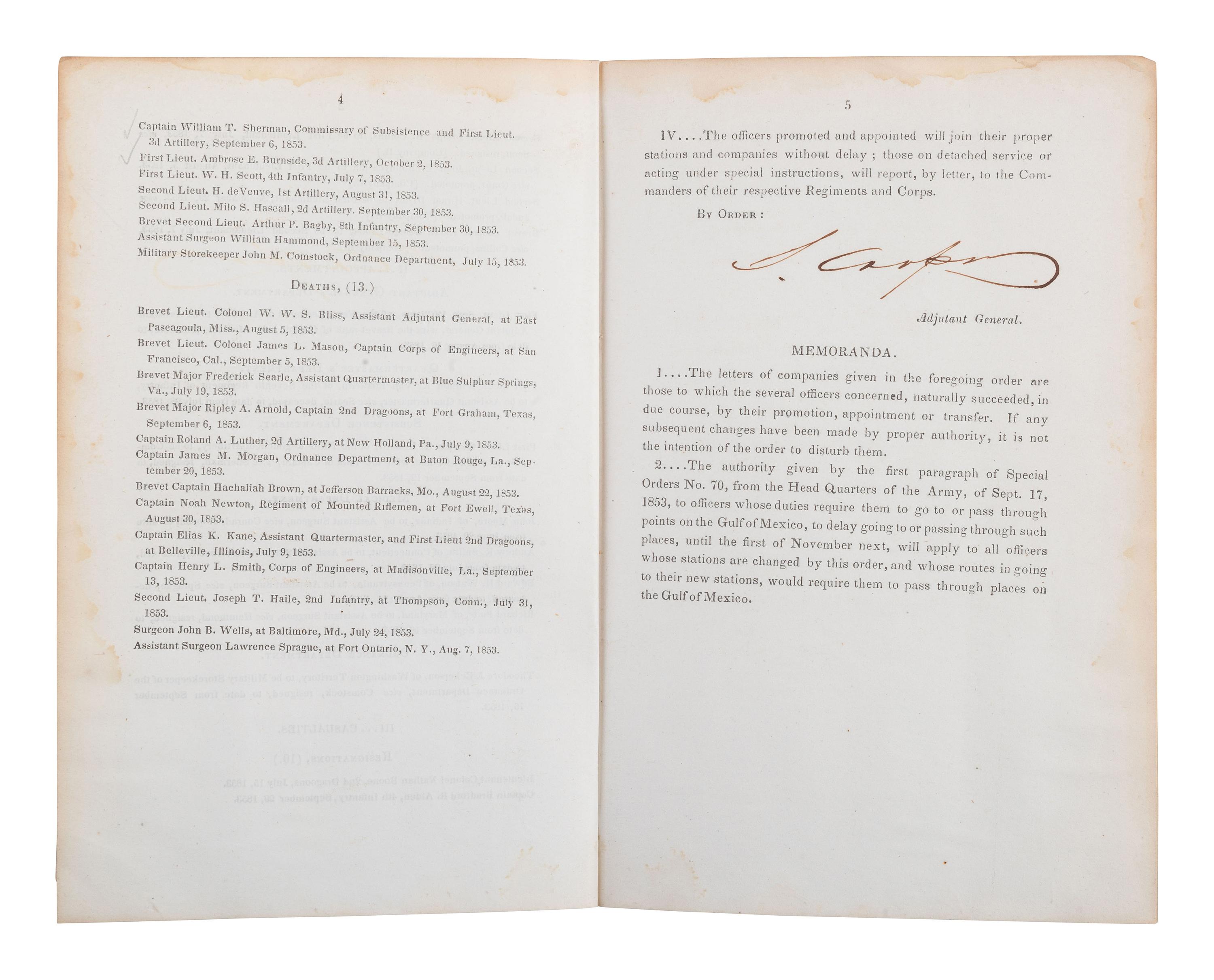 [CIVIL WAR]. War Dept. General Orders, No. 24, signed by future CSA General Samuel Cooper. 1853.