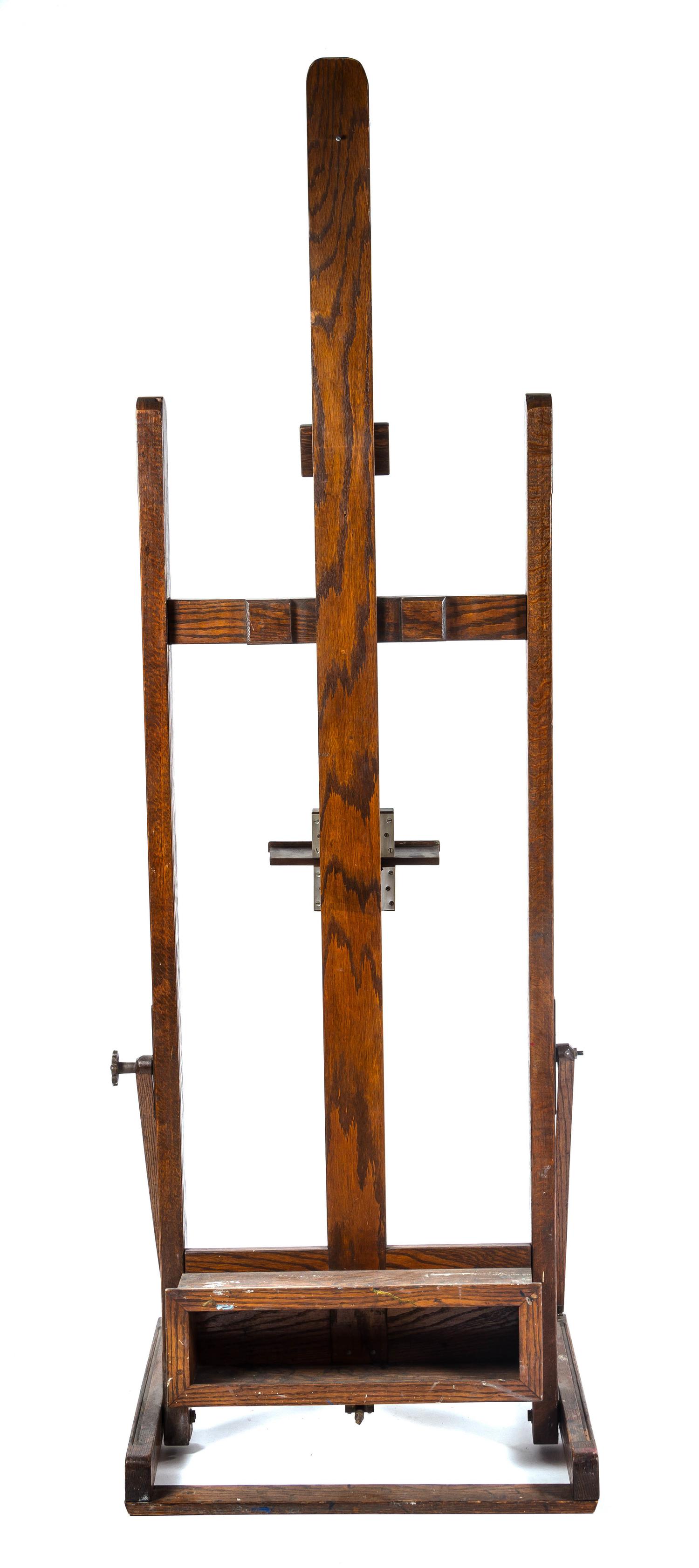 An American Oak and Iron Easel, Width 30 inches.