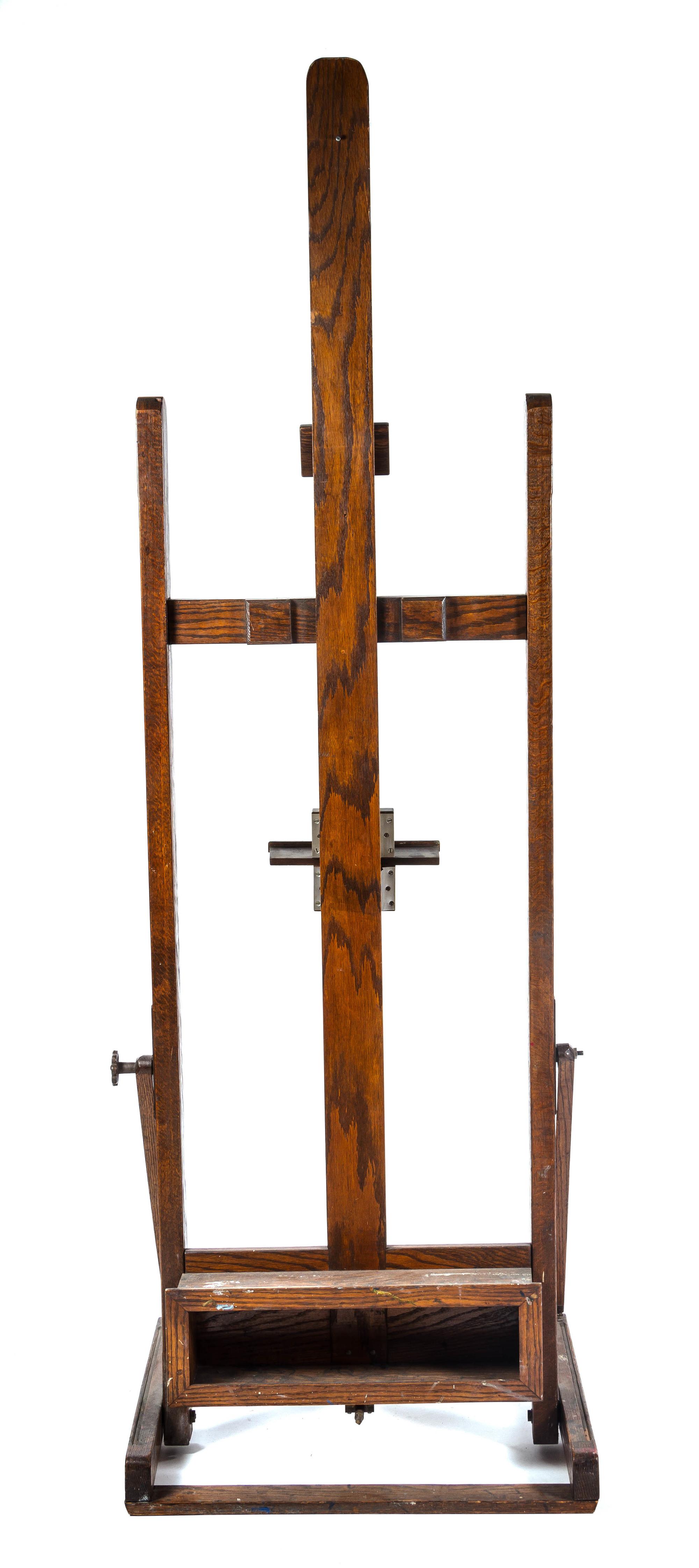 An American Oak and Iron Easel, Width 30 inches.