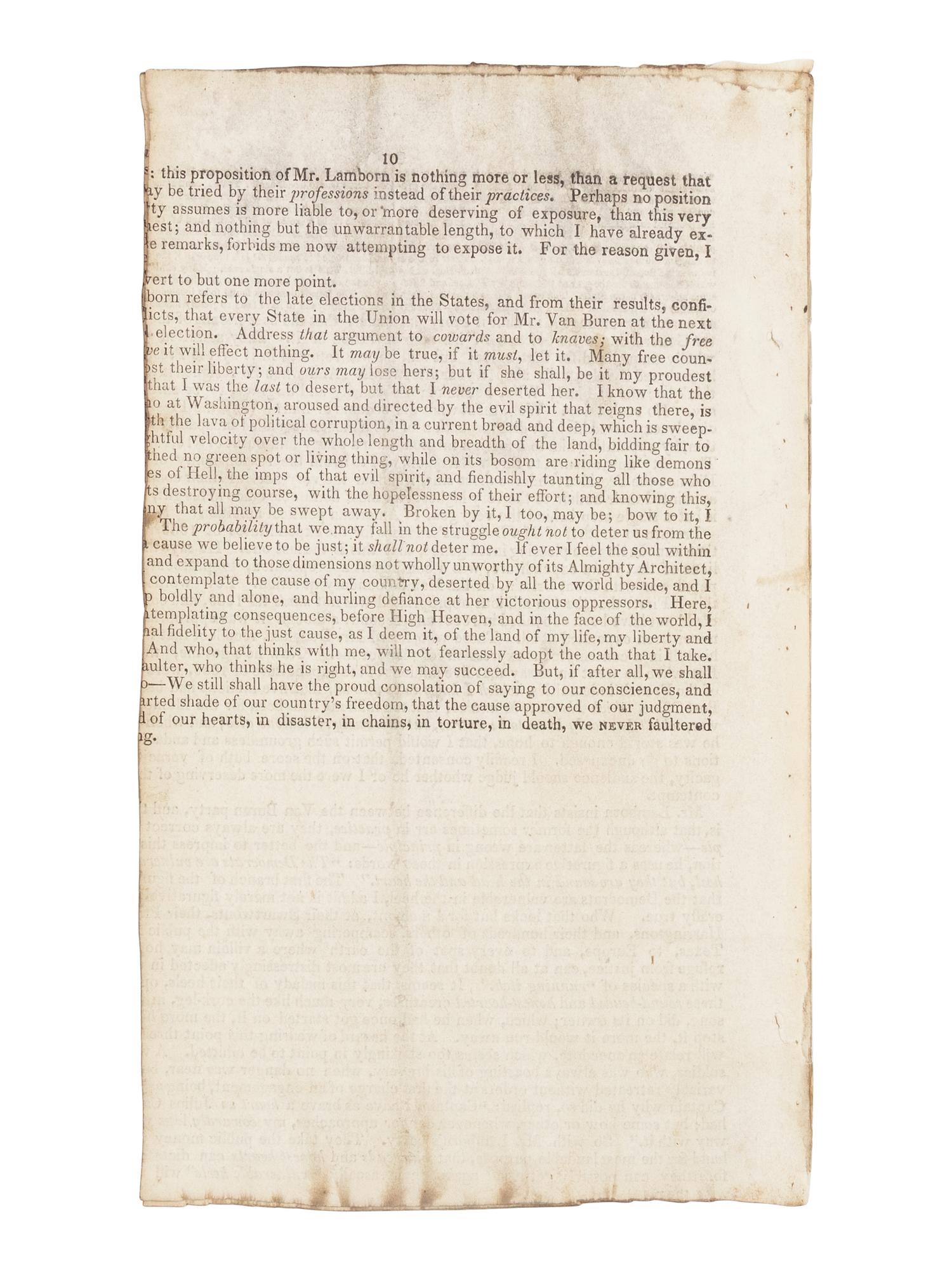 LINCOLN, Abraham (1809-1865). Speech of Mr. Lincoln, at a Political Discussion, in the Hall of the House of Representatives, December [1839, at Springfield, Illinois] . Springfield, Illinois, 1839.