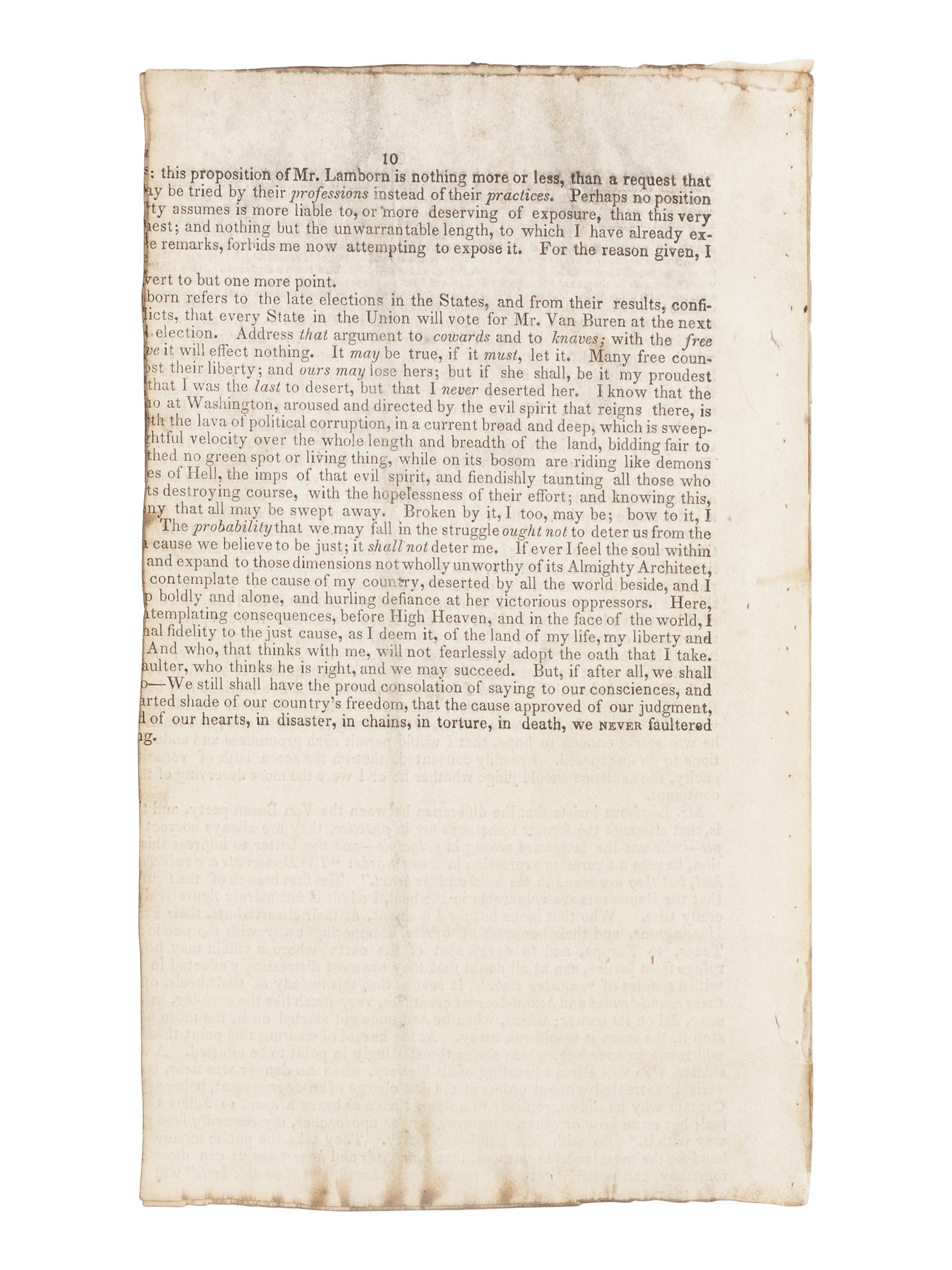 LINCOLN, Abraham (1809-1865). Speech of Mr. Lincoln, at a Political Discussion, in the Hall of the House of Representatives, December [1839, at Springfield, Illinois] . Springfield, Illinois, 1839.