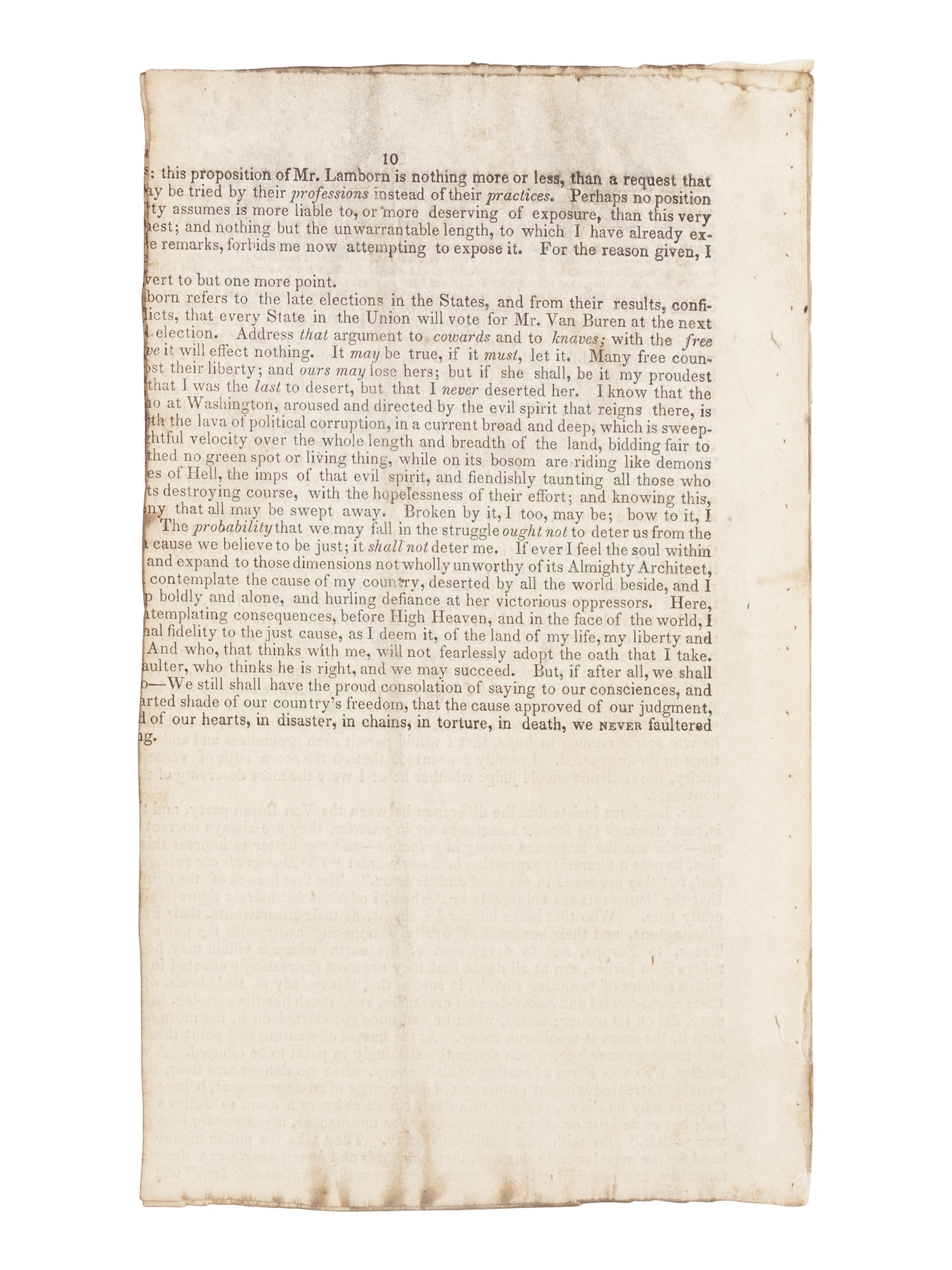 LINCOLN, Abraham (1809-1865). Speech of Mr. Lincoln, at a Political Discussion, in the Hall of the House of Representatives, December [1839, at Springfield, Illinois] . Springfield, Illinois, 1839.