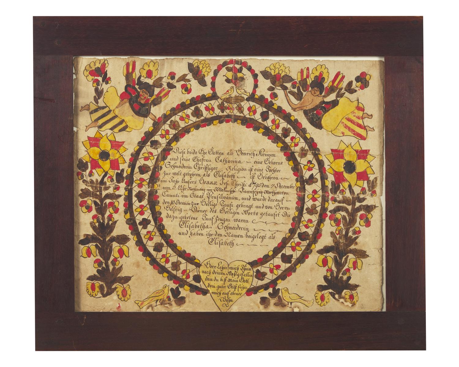 A Fraktur Birth and Baptism Record, Attributed to The Blowsy Angel Artist, Northampton County, Pennsylvania