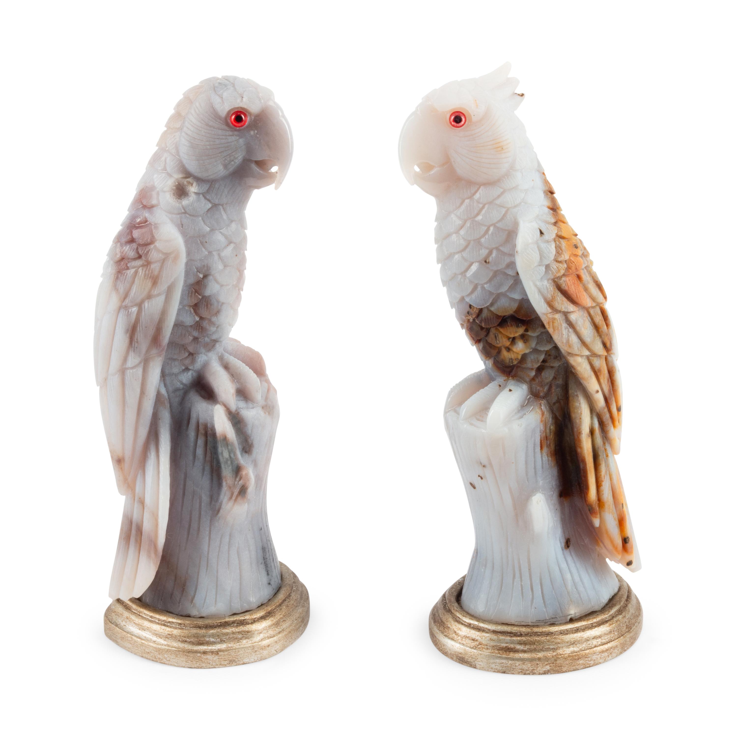 A Pair of Carved Agate Models of Parrots