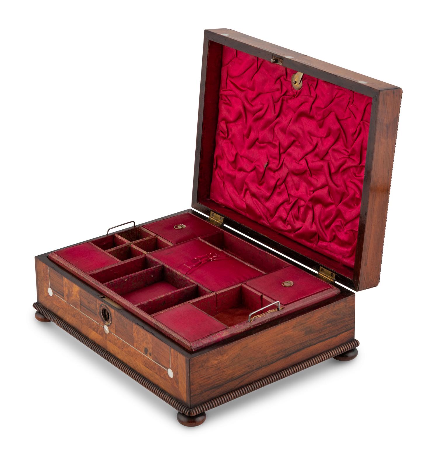 An English Rosewood, Burr Yew and Mother of Pearl Sewing Box