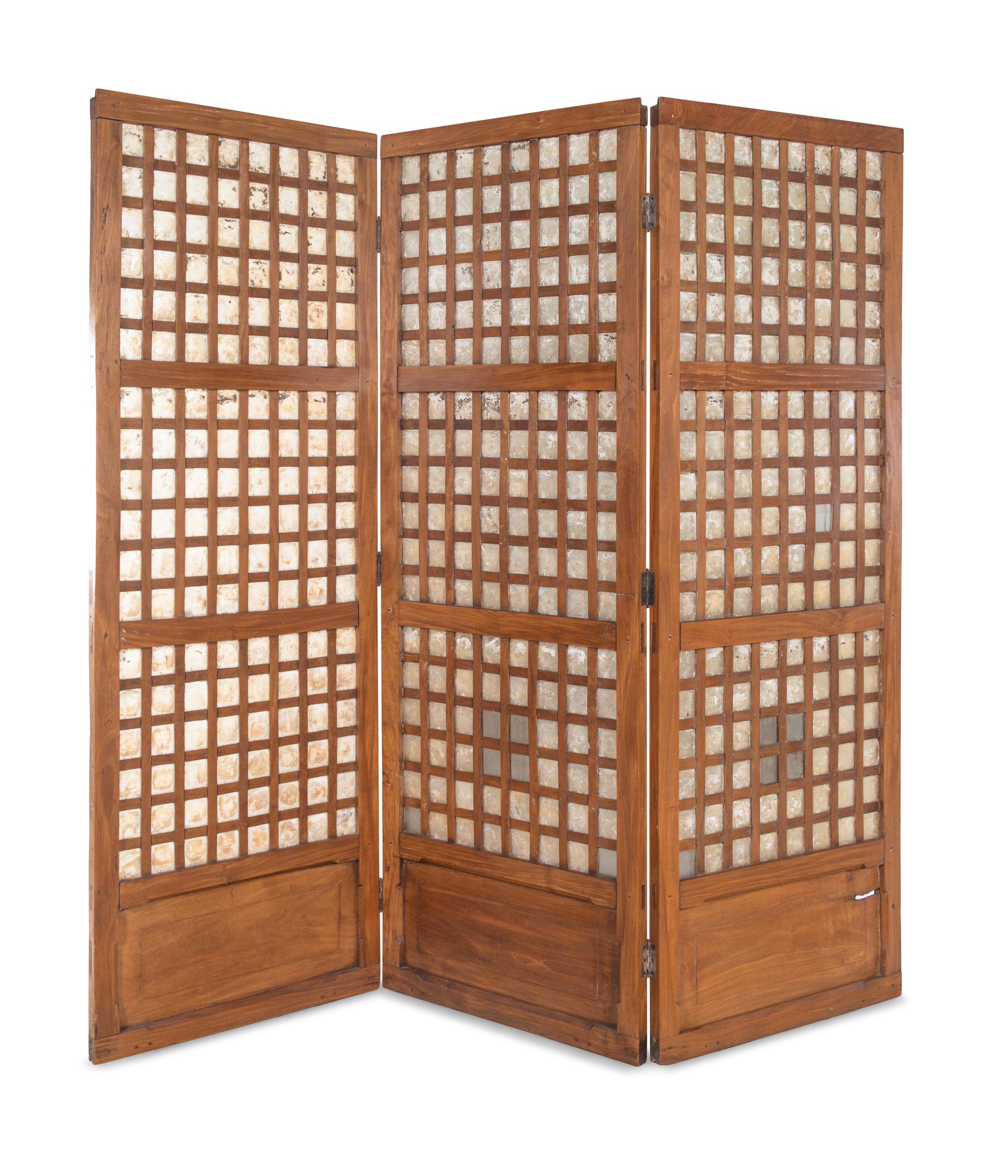 A Philippine Wood and Capiz Shell Three-Panel Floor Screen