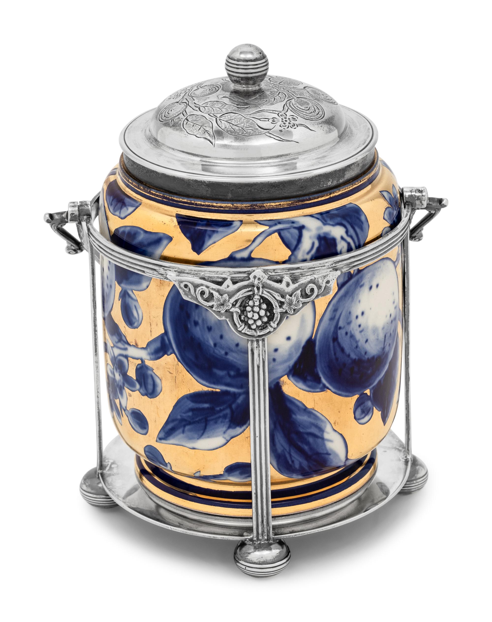 A Victorian Silver Mounted Porcelain Biscuit Barrel