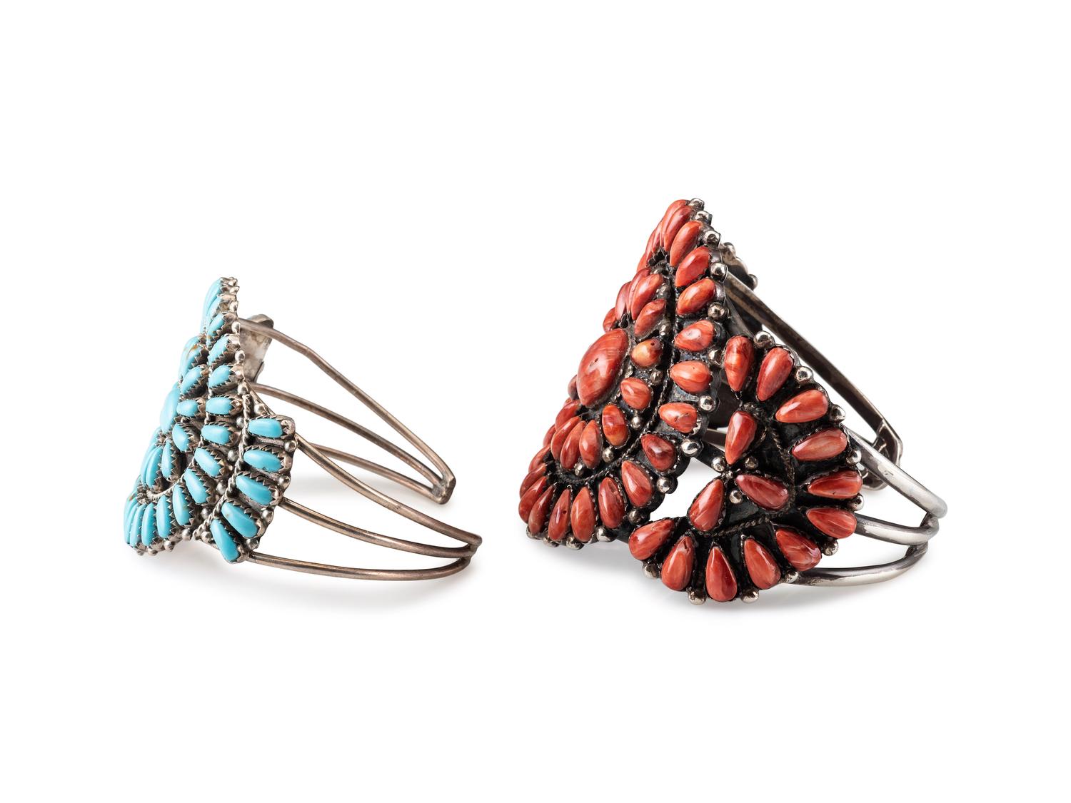 Navajo or Zuni Silver and Cluster Cuff Bracelets