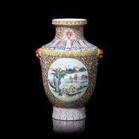 A Chinese Famille Rose ‘Figures in a Landscape’ Vase, Republic Period 民國 黃地粉彩開光人物山水圖瓶