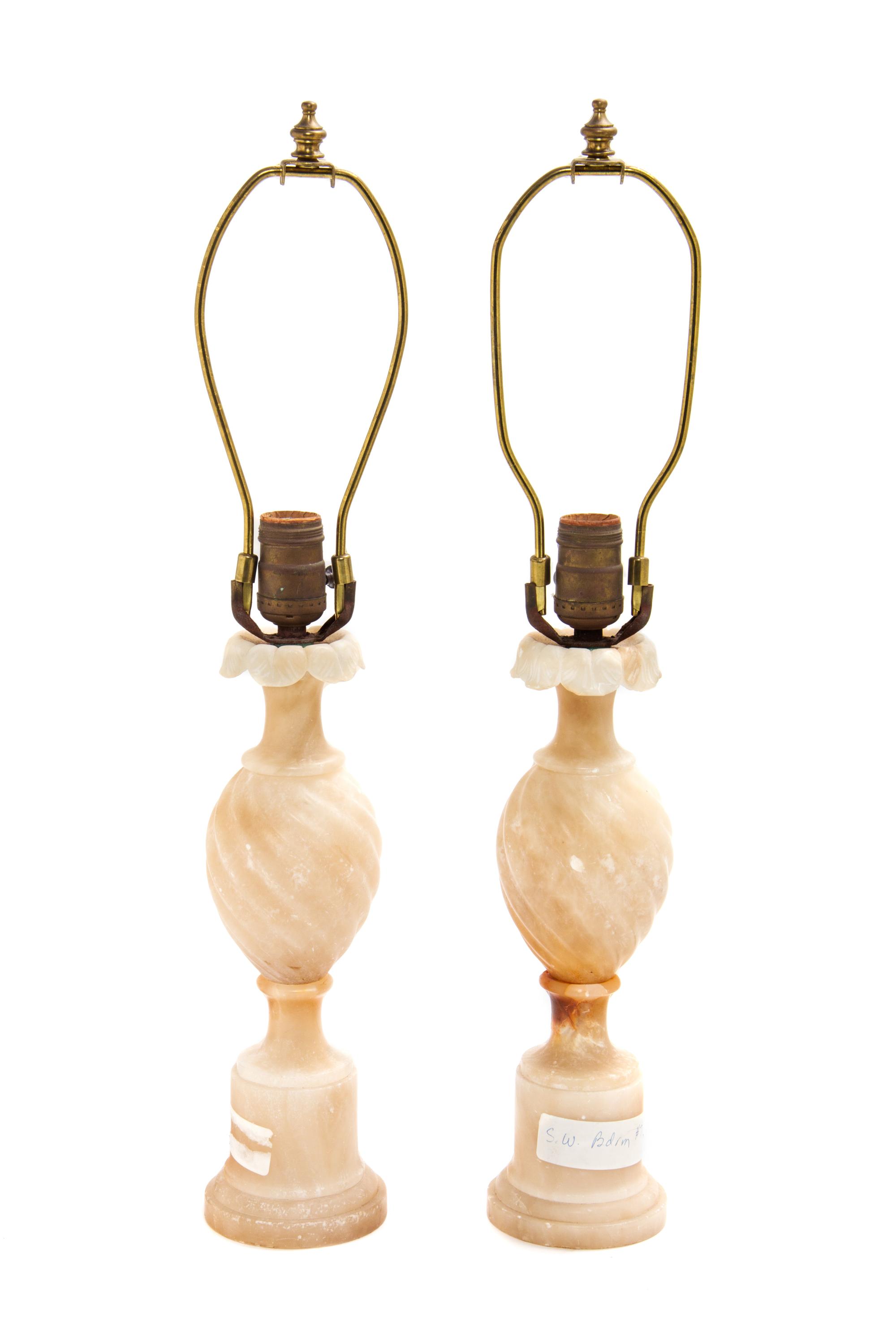 A Pair of Alabaster Table Lamps Height 22 1/2 inches.