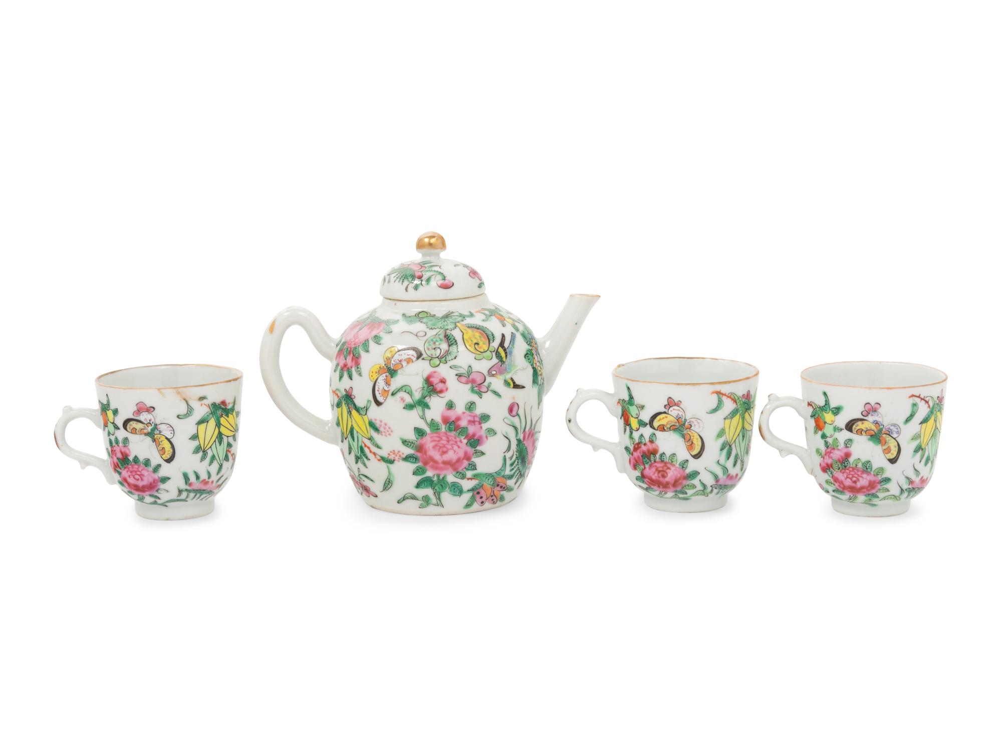 A Five-Piece Famille Rose Porcelain 'Butterfly' Tea Set