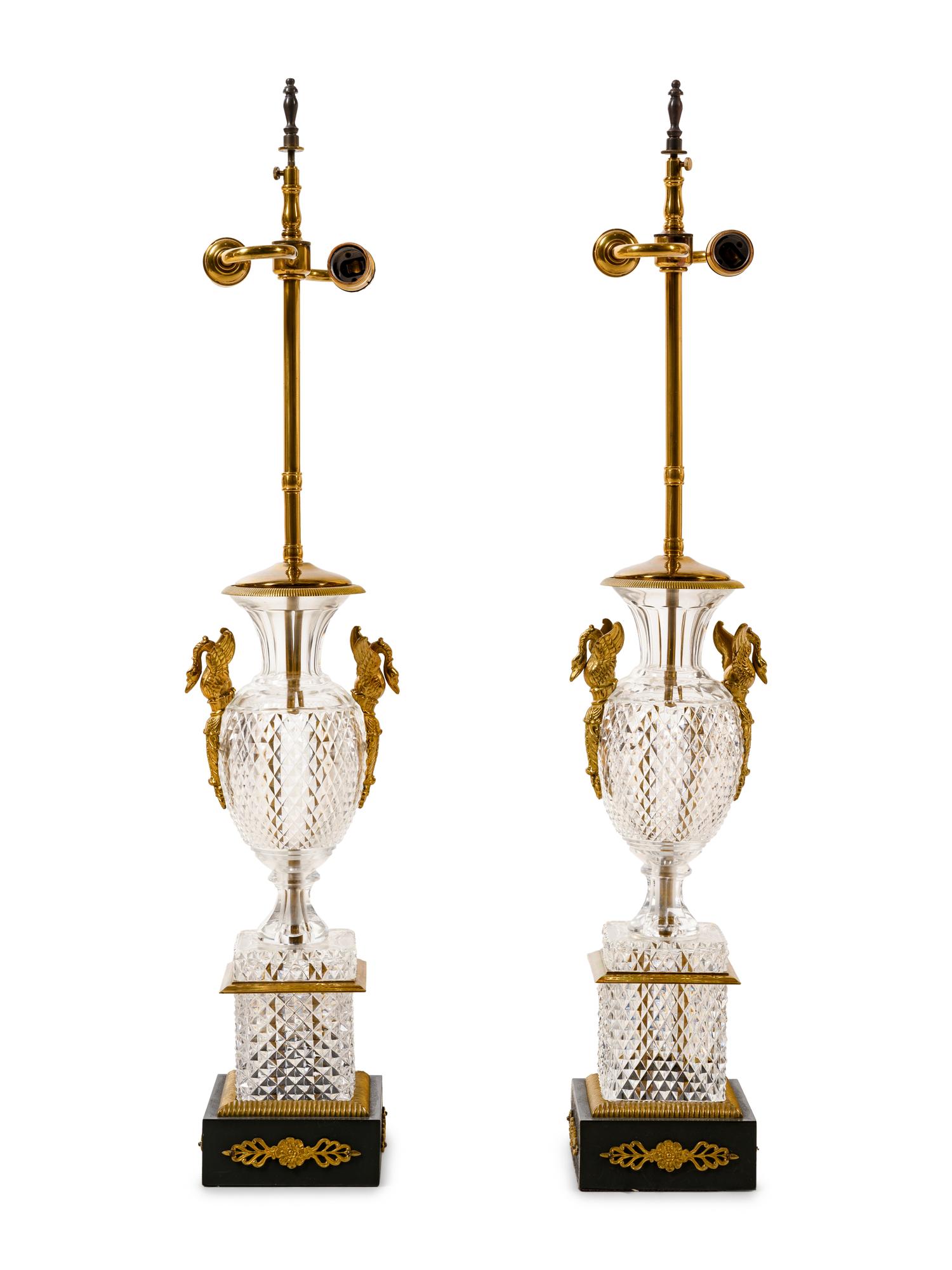 A Pair of Empire Style Gilt Metal and Cut Glass Vases Mounted as Lamps
