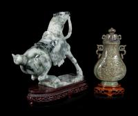 Two Chinese Carved Green Hardstone Covered Vases and A Carved Jadeite Figure of a Horse